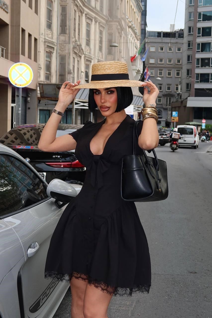 Premium Trend Pamukları Dantel Detaylı Pinterest Balon Kol Elbise