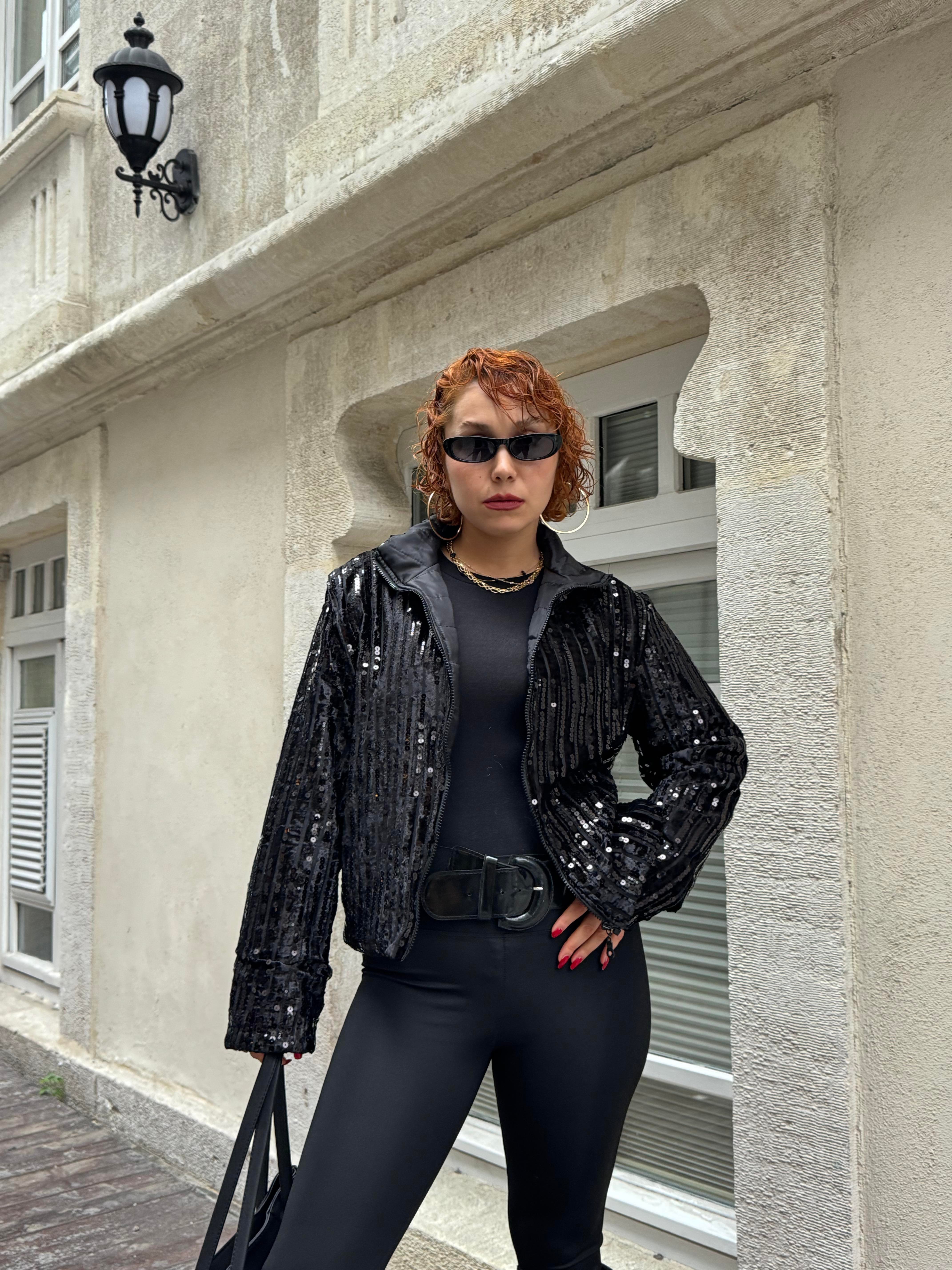 Premium Trend Parlak Pullu Siyah Bomber Ceket
