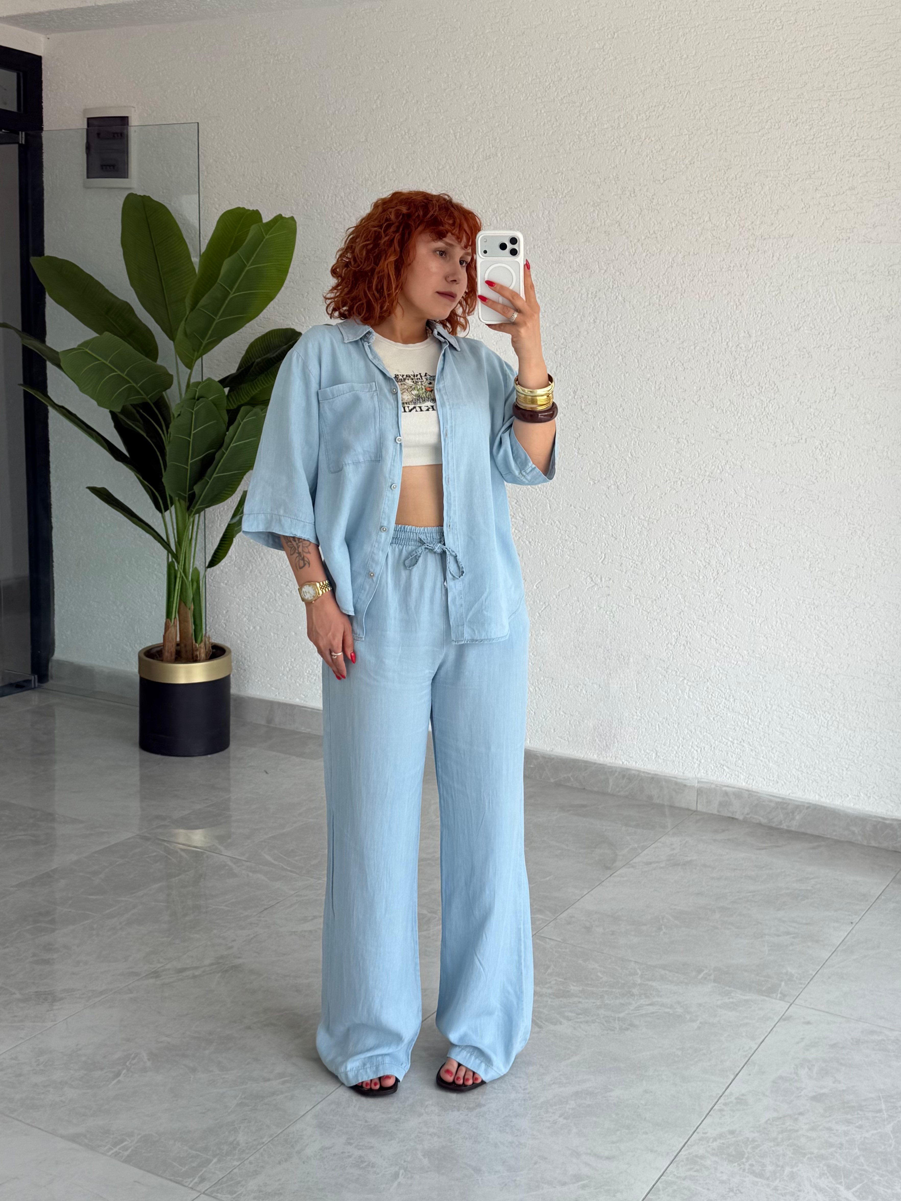 Premium Trend Yazlık İncecik Denim Gömlek-Pantolon 2'li Takım