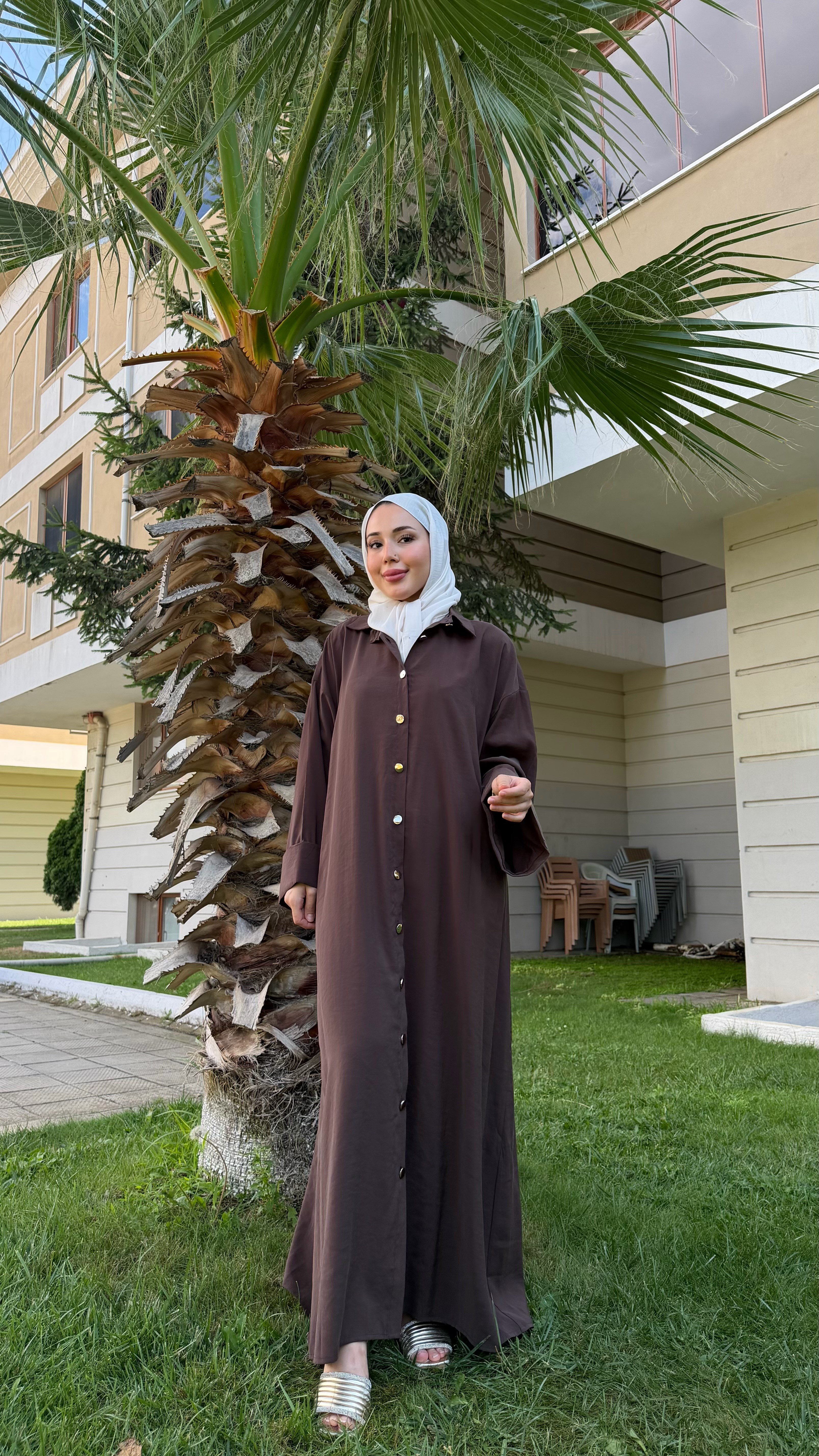 İPEK KUPRA ELBİSE KAHVE