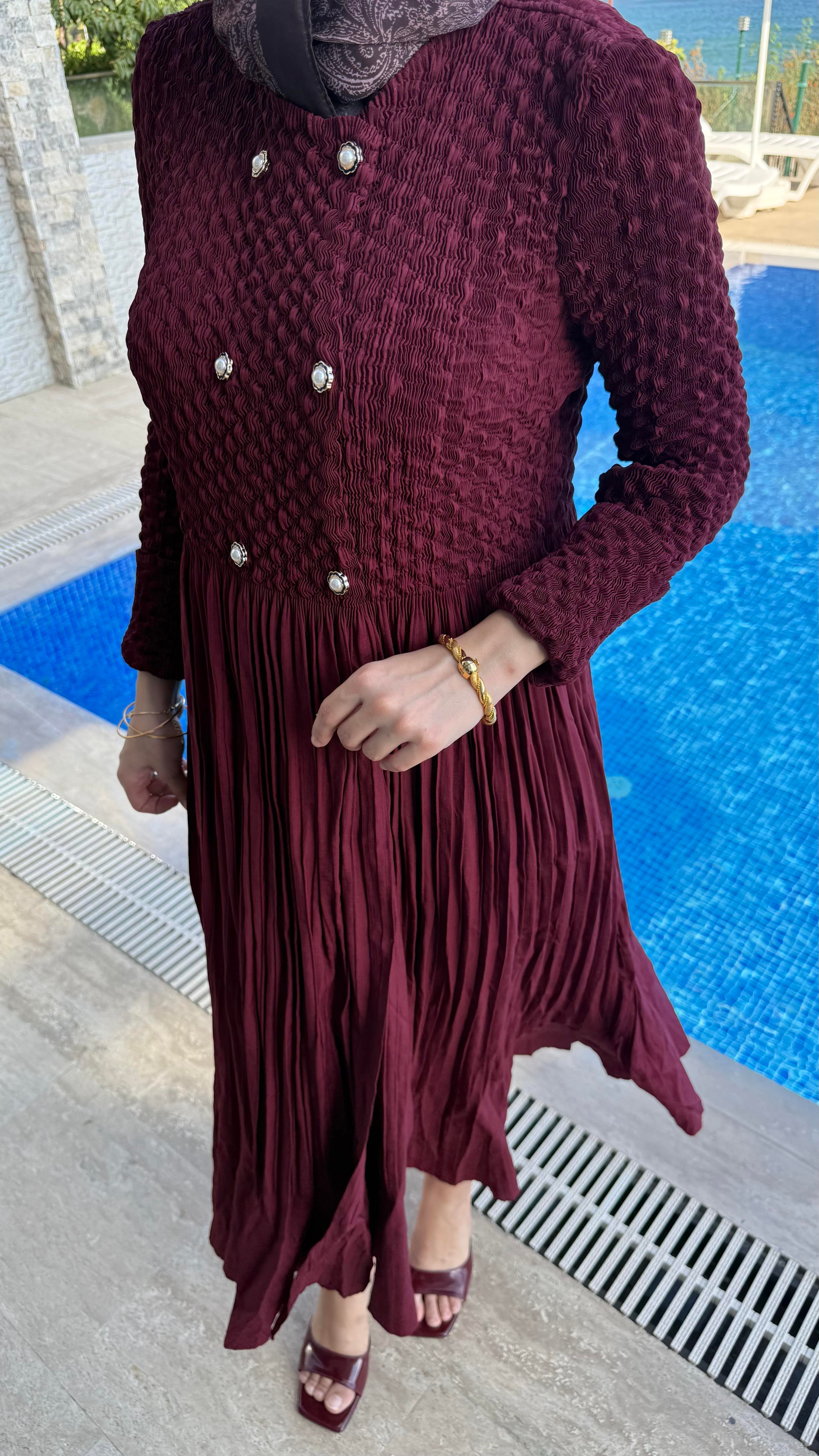 BORDO ÇİFT DÜĞMELİ ELBİSE