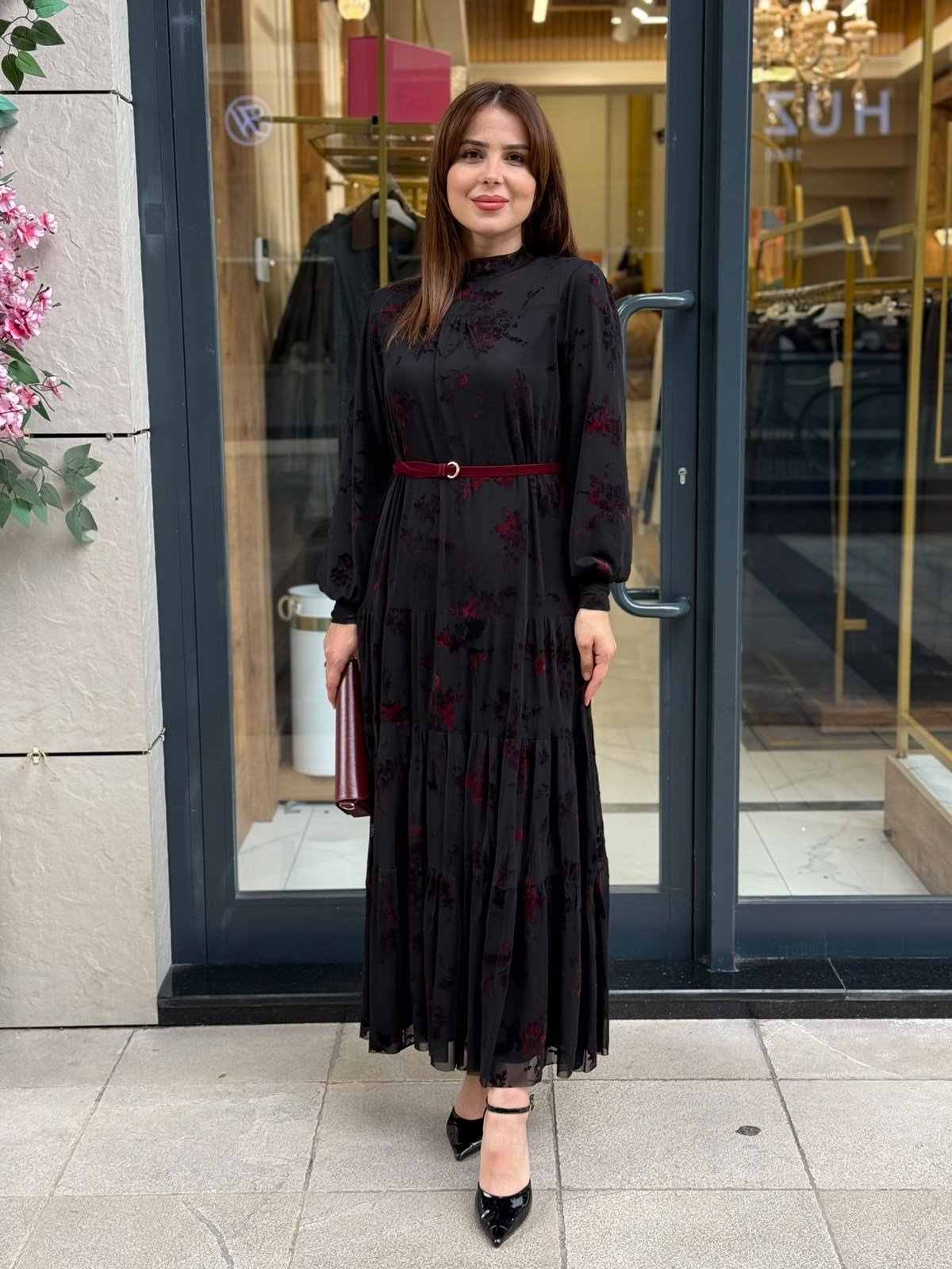 MY312-SİYAH KEMER DETAYLI BASKILI ELBİSE