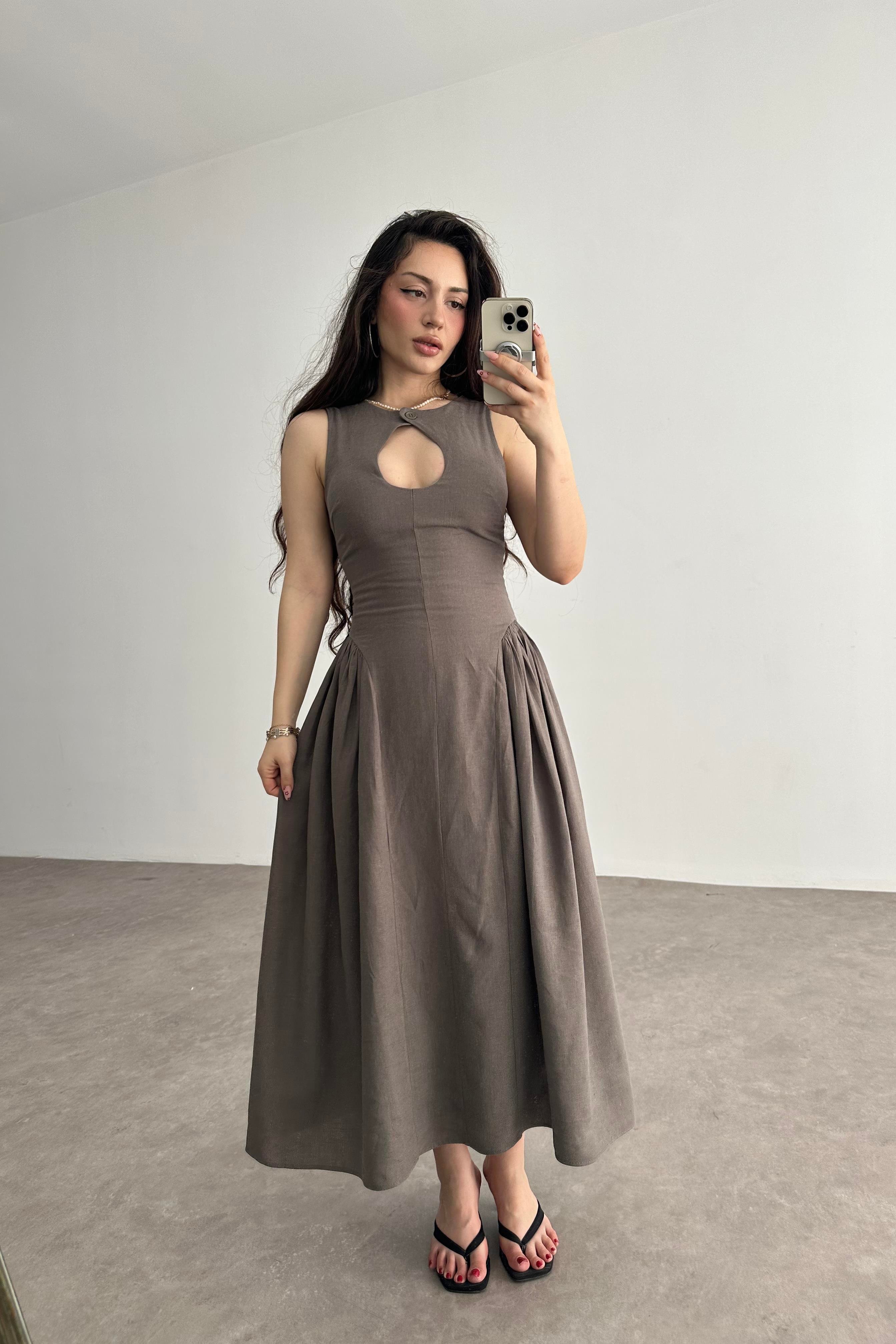 Damla Dekolteli Premium Keten  Midi Elbise Kahve