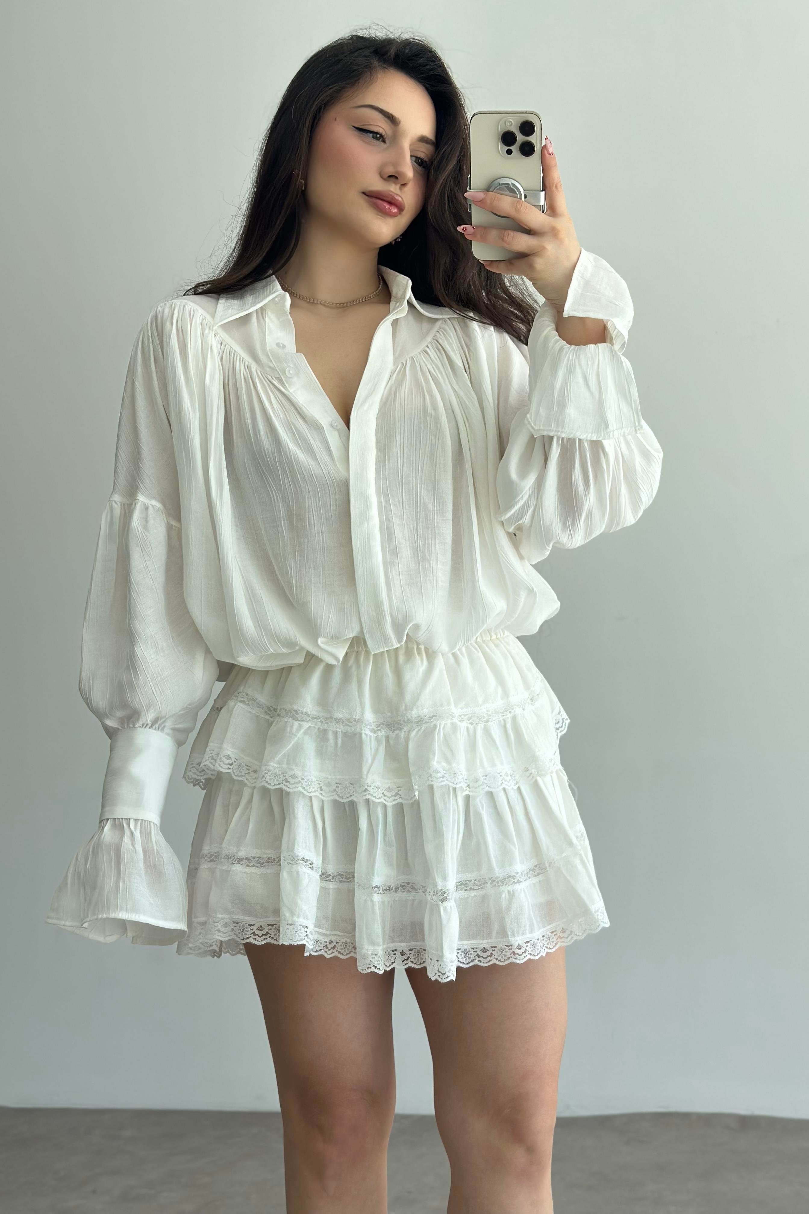 Dantel Katlı Pamuk Dokuma Ekru Etek