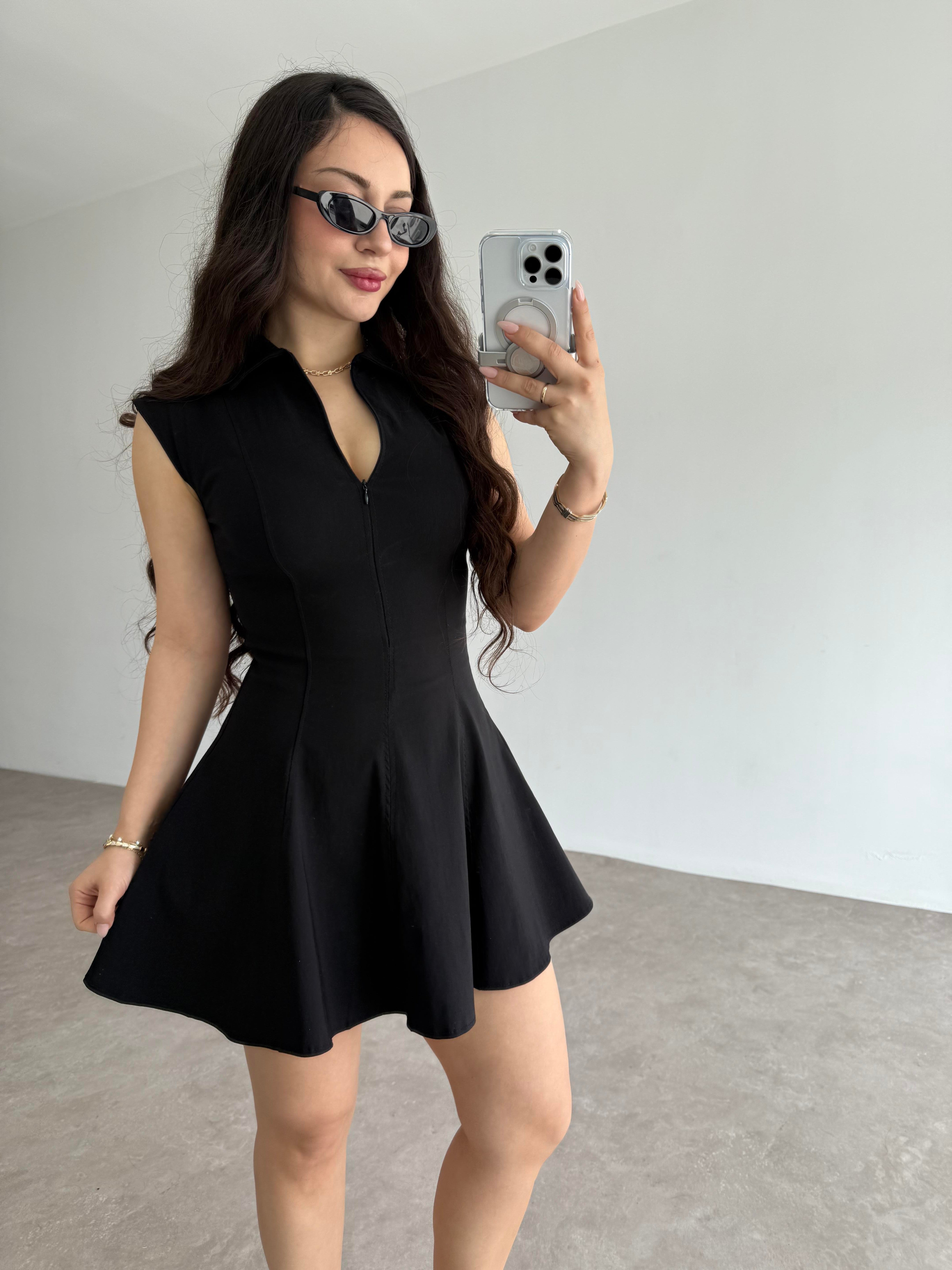 Fermuarlı Kloş Etekli Yakalı Mini Elbise