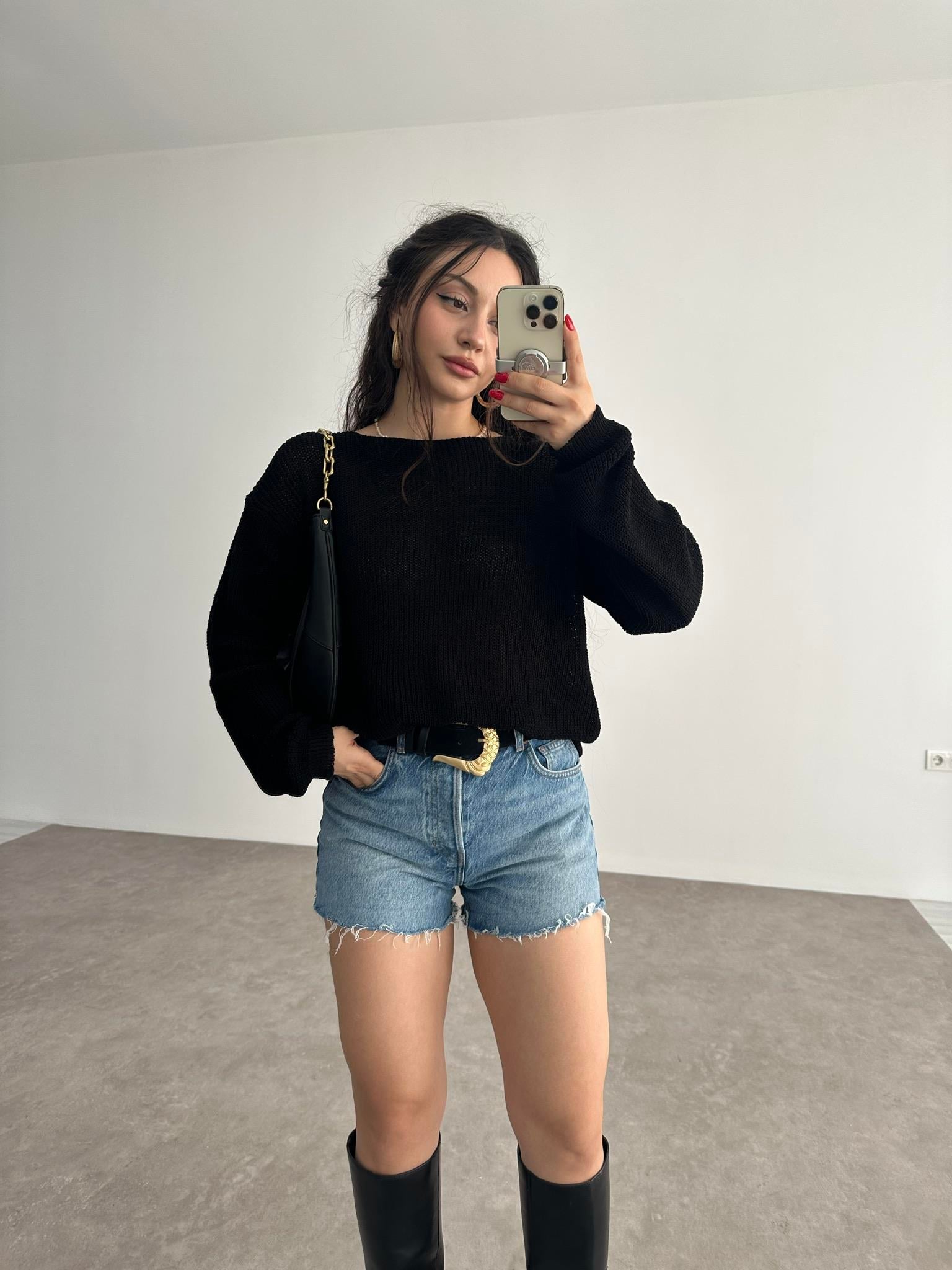 Gevşek Örgü Salaş Merserize Siyah Triko