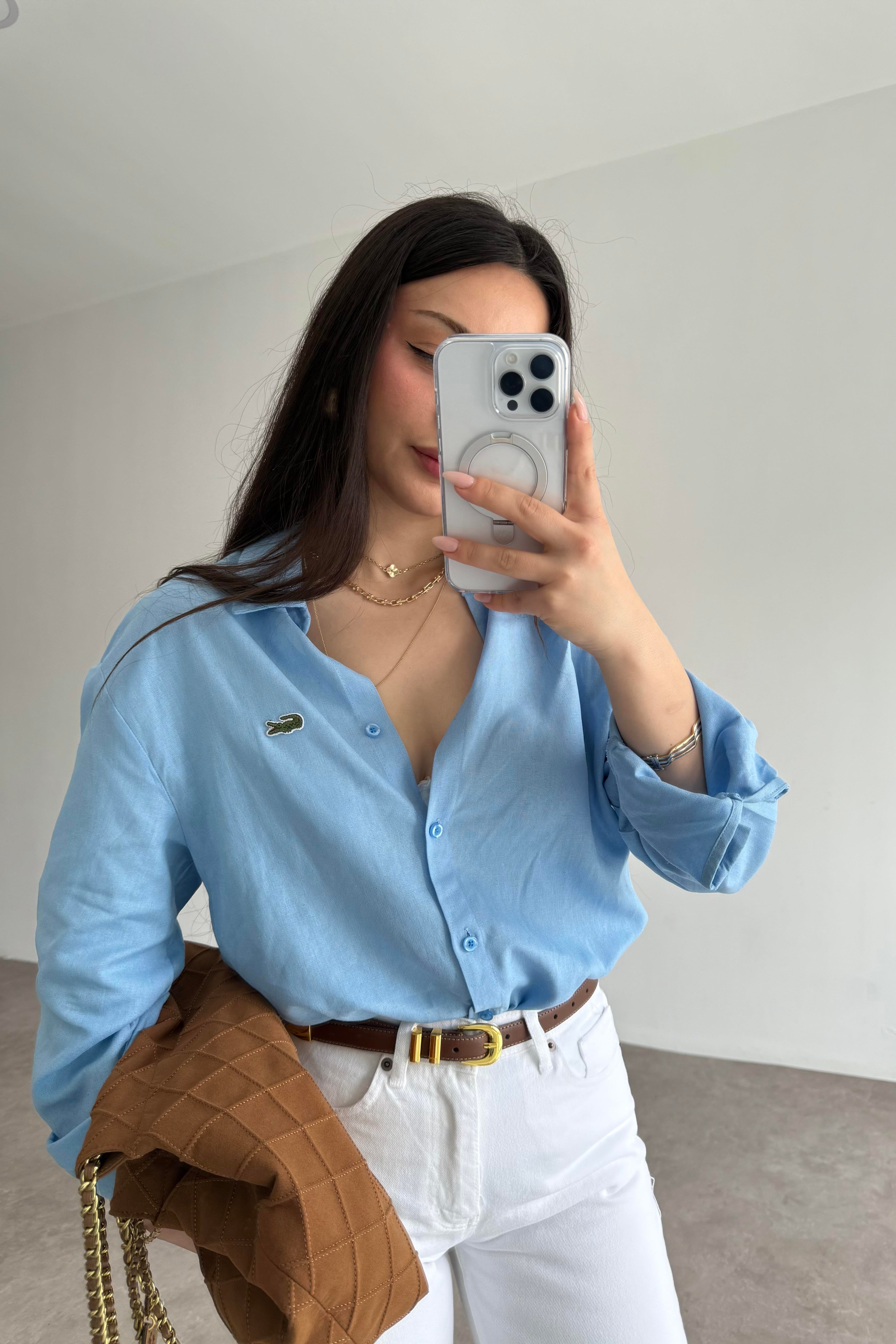 Lcst Keten Düz Kesim Mavi Gömlek