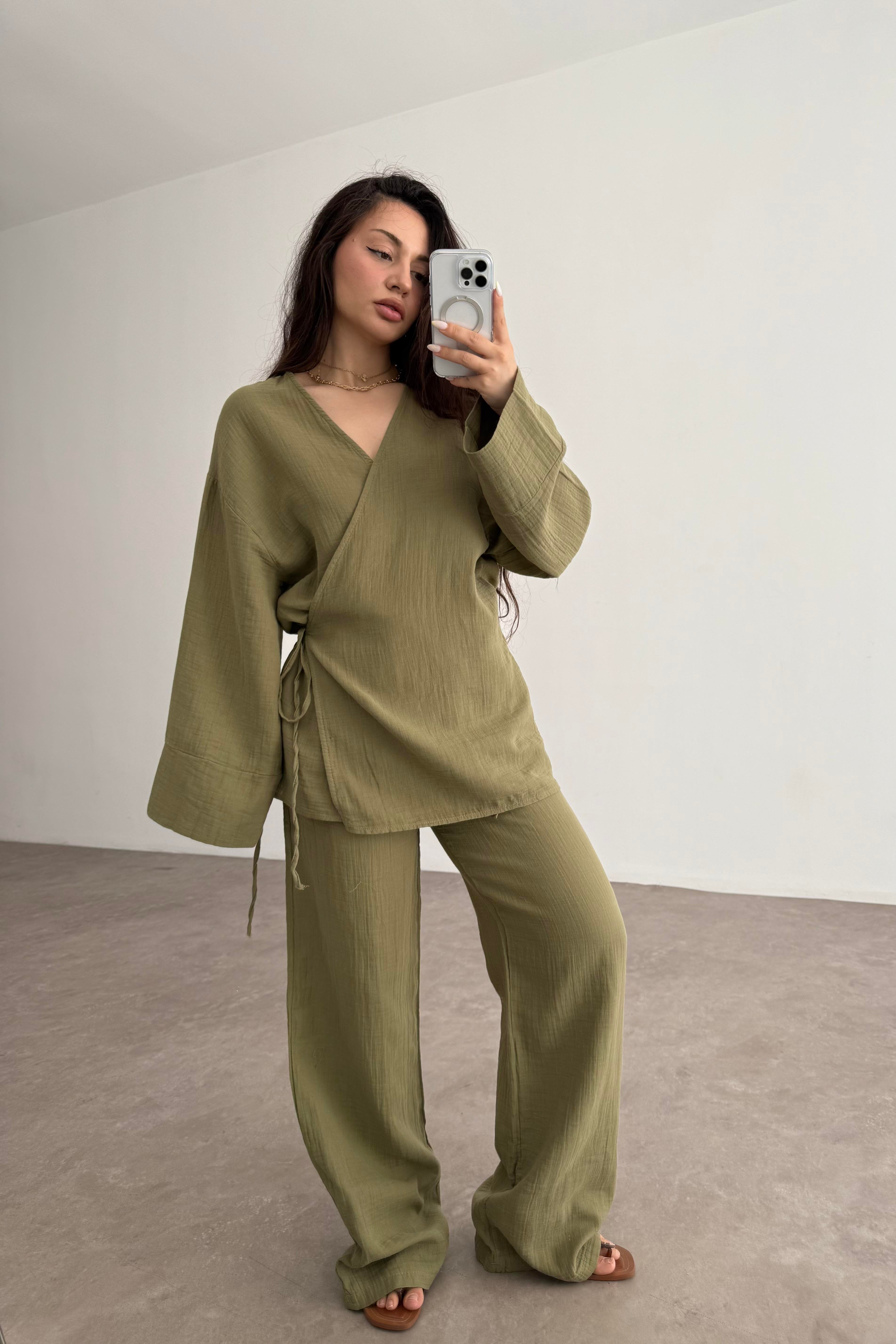 Müslin Kumaş Çapraz Bağlama Kimono Takım Haki