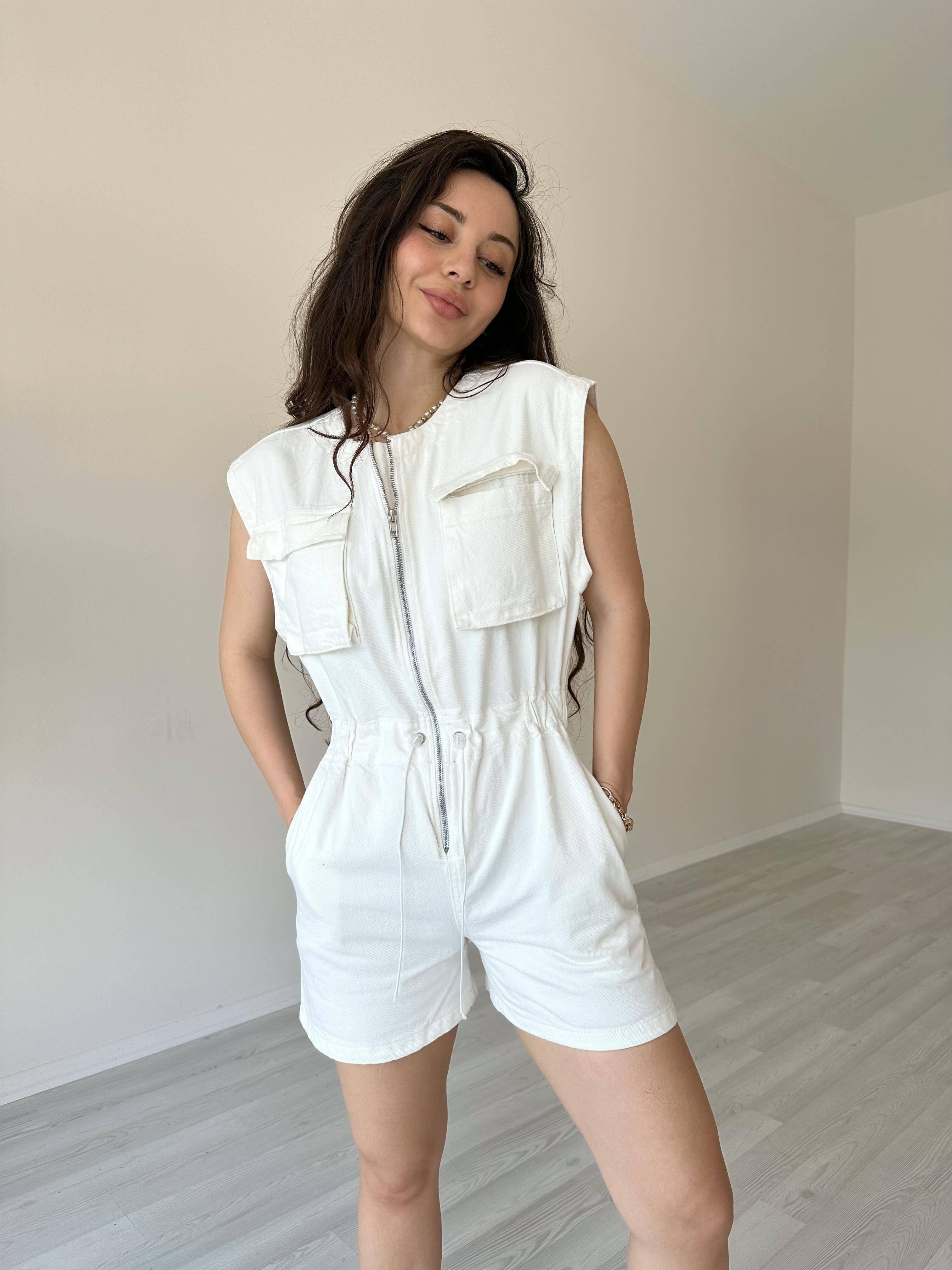 Orijinal Marka Denim Tulum Beyaz