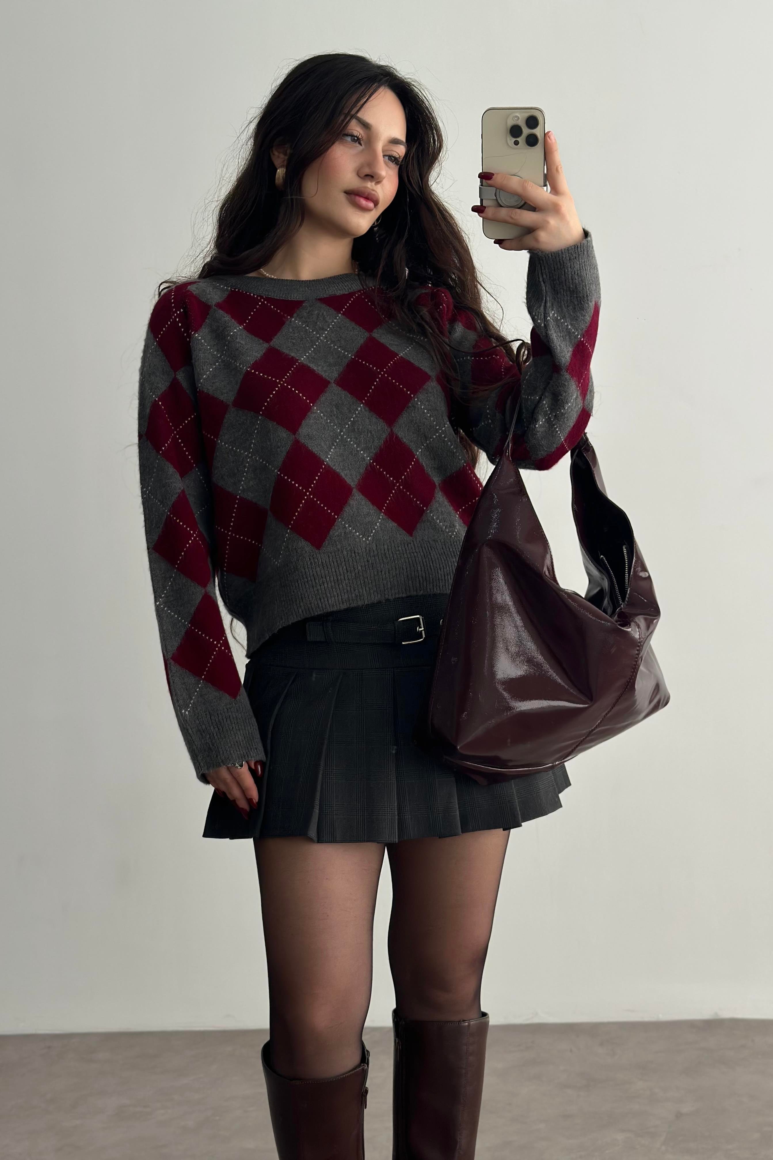 Premium Baklava Desenli Gri/Bordo Kazak