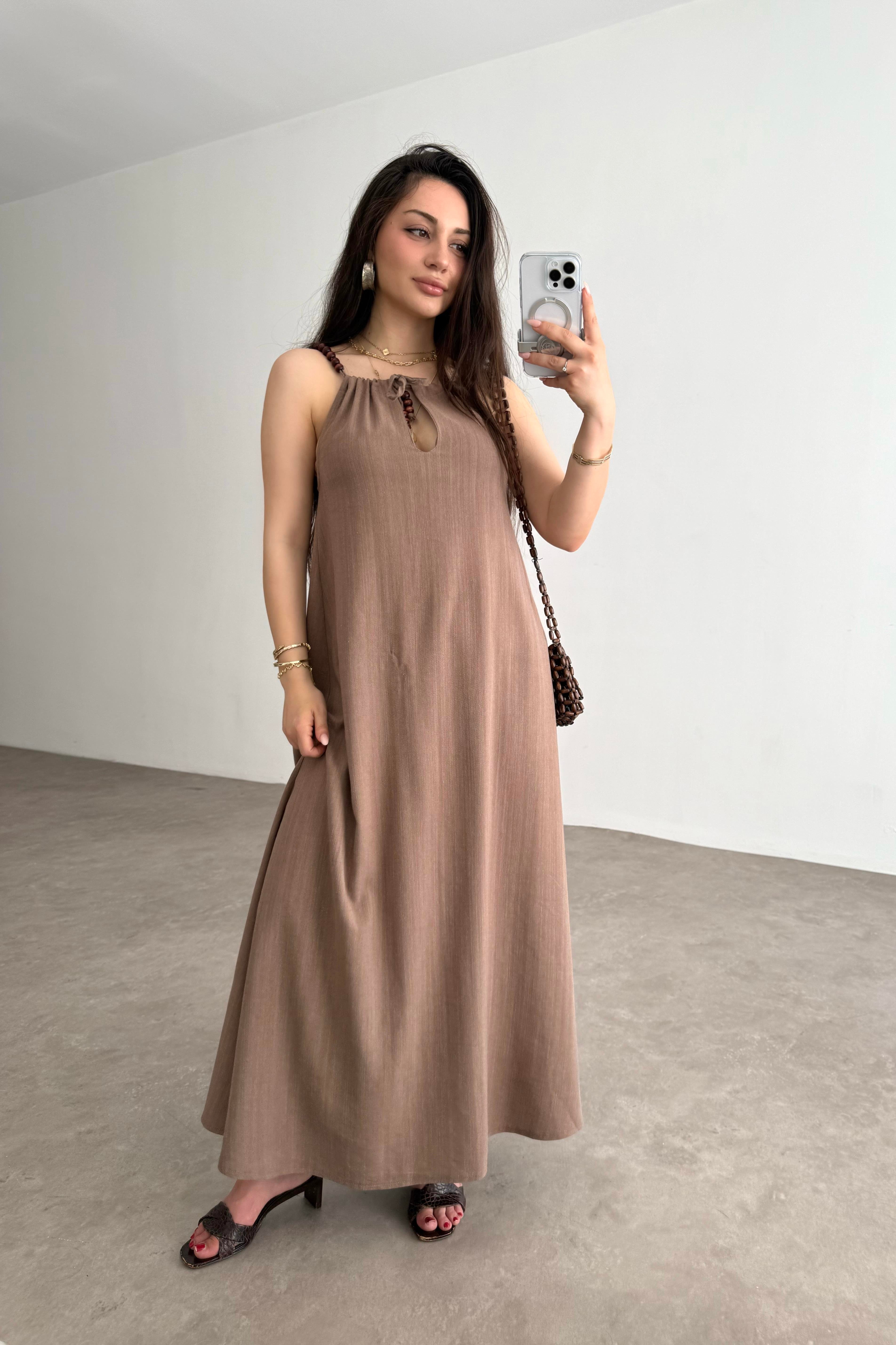 Premium Boncuk Askılı Elbise Vizon