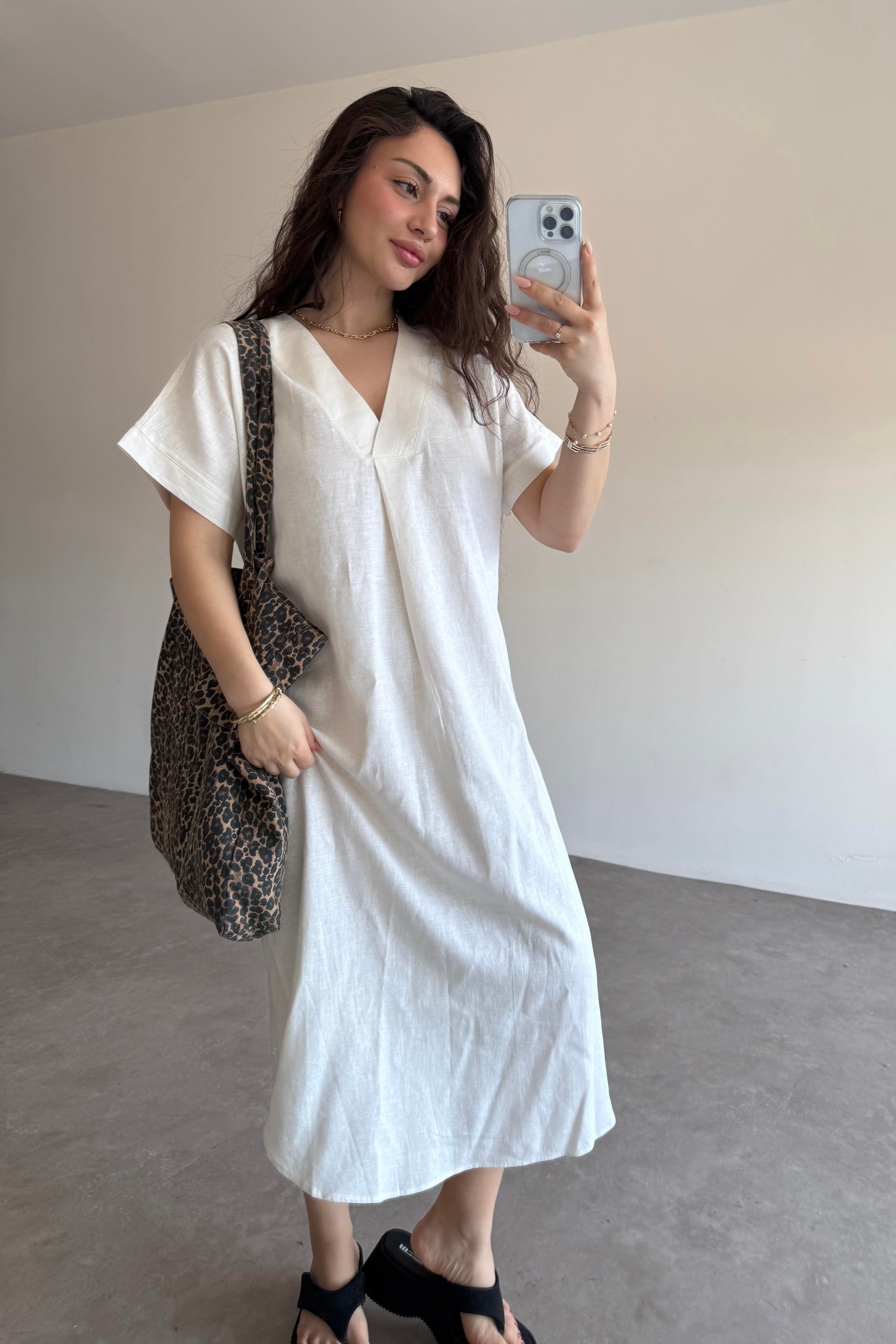 Premium Linen Keten Elbise Beyaz