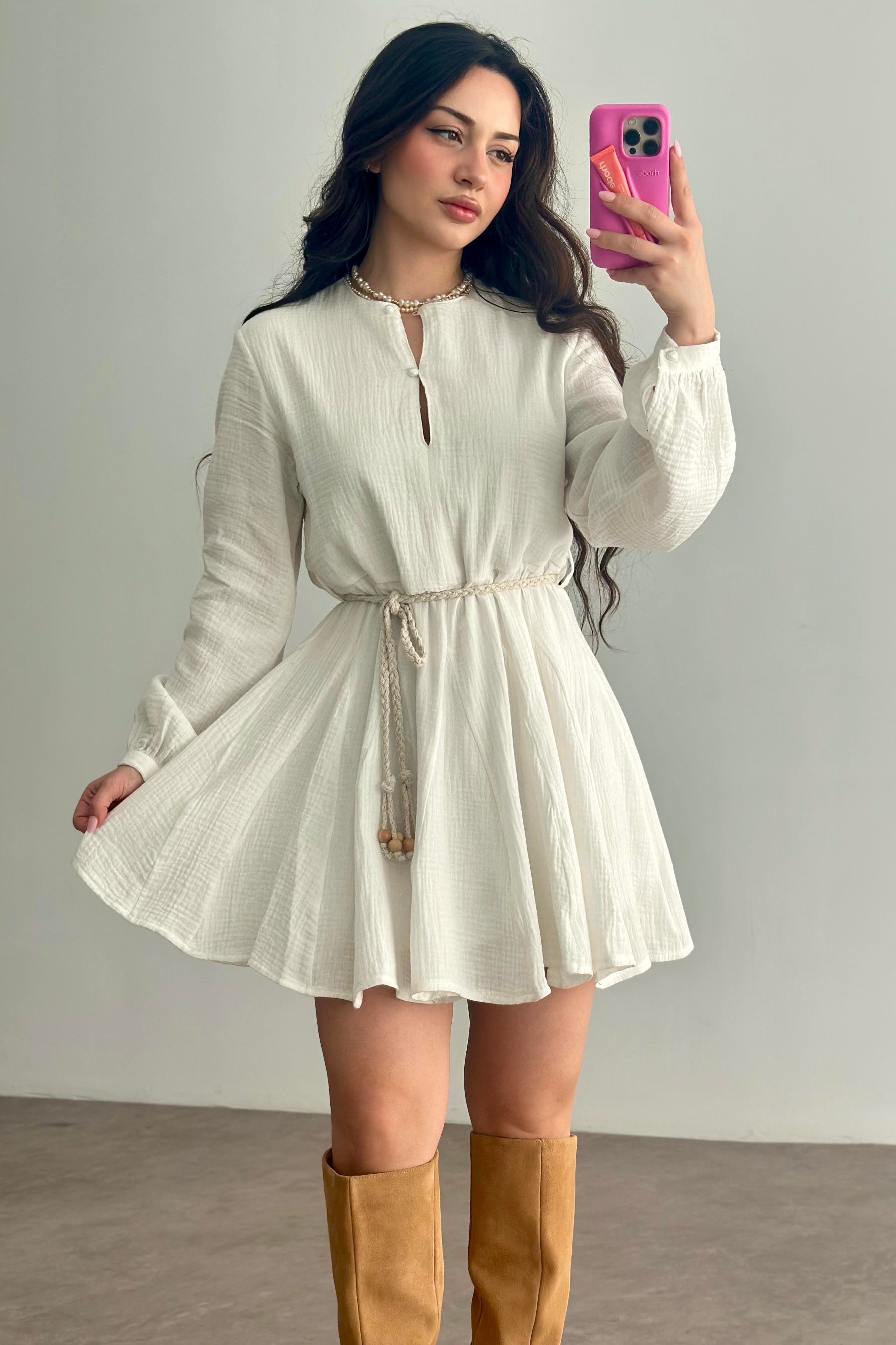 Premium Pamuk Müslin Elbise Beyaz