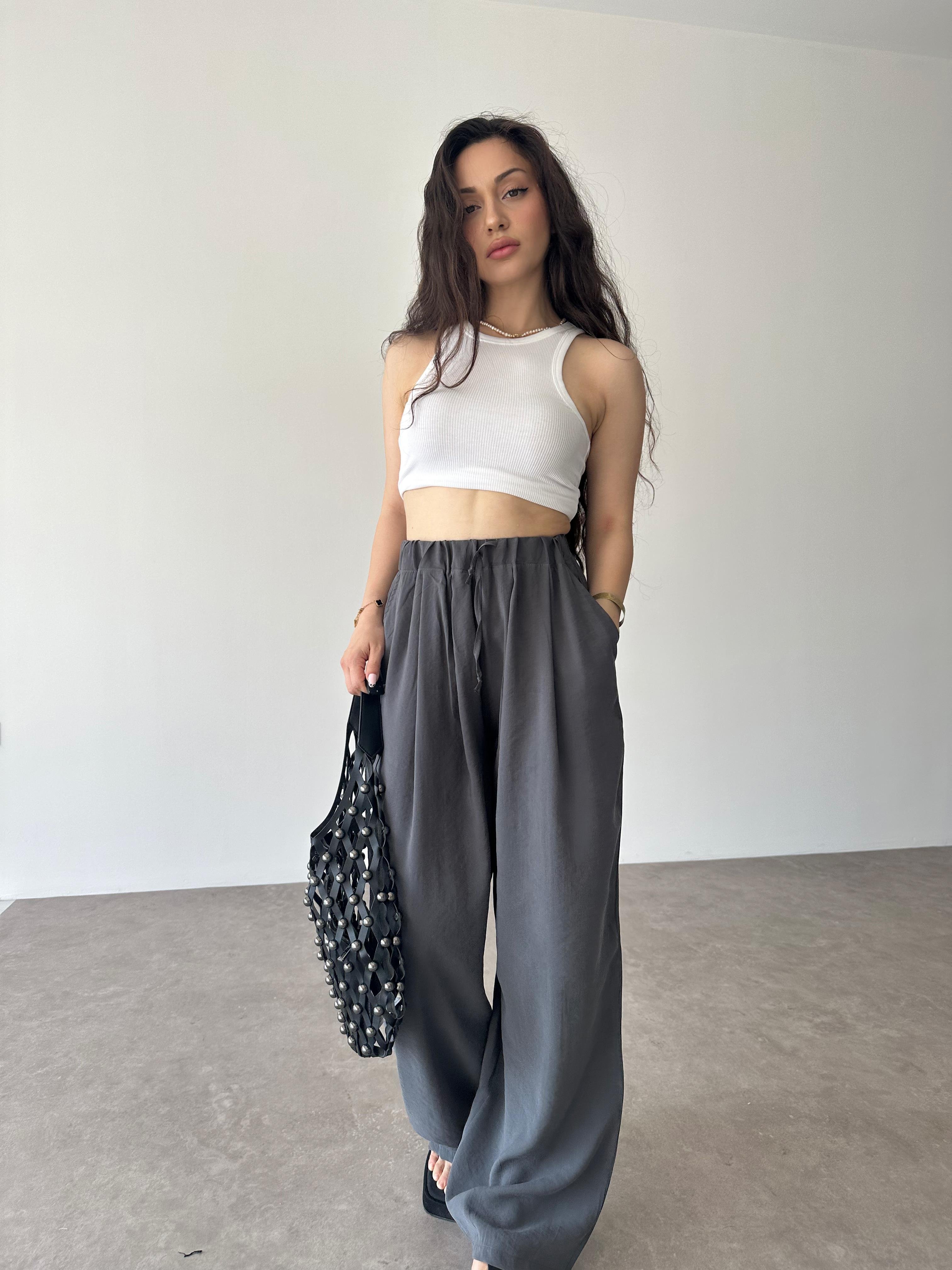 Premium Tensel Ekstra Yüksek Belli Pantolon Füme