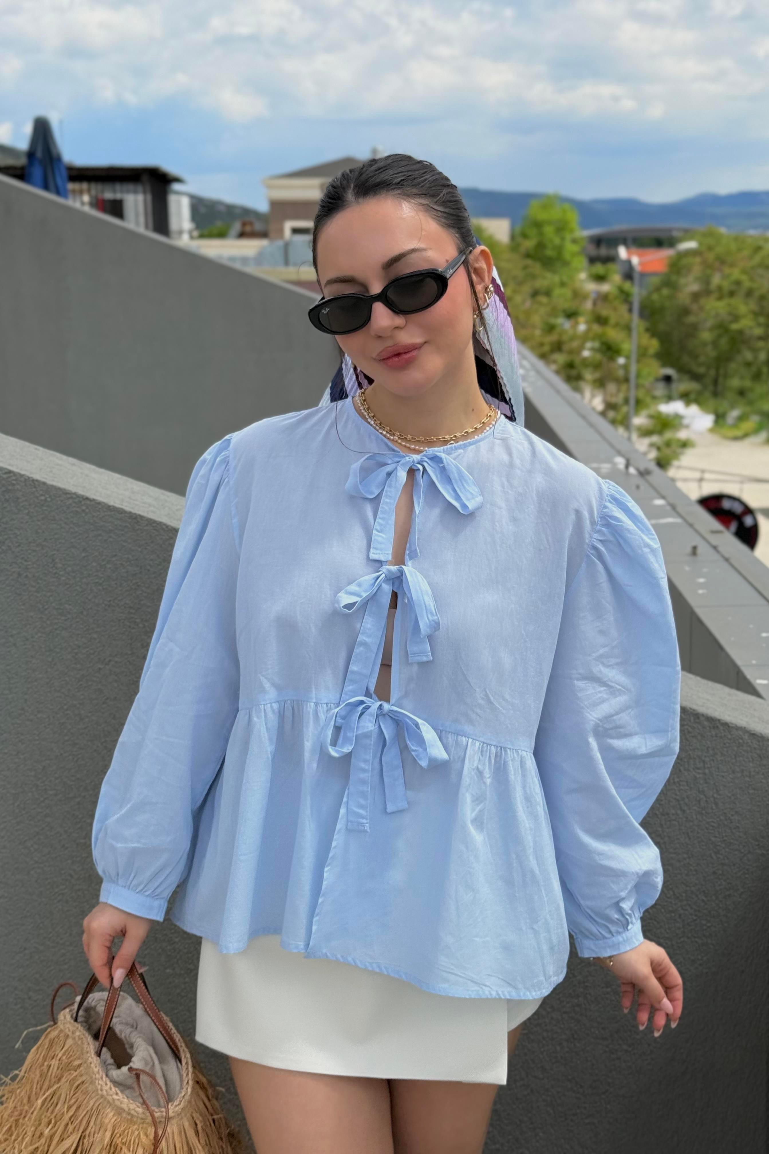 Ravi Bağlama Detaylı Premium Pastel Mavi Gömlek