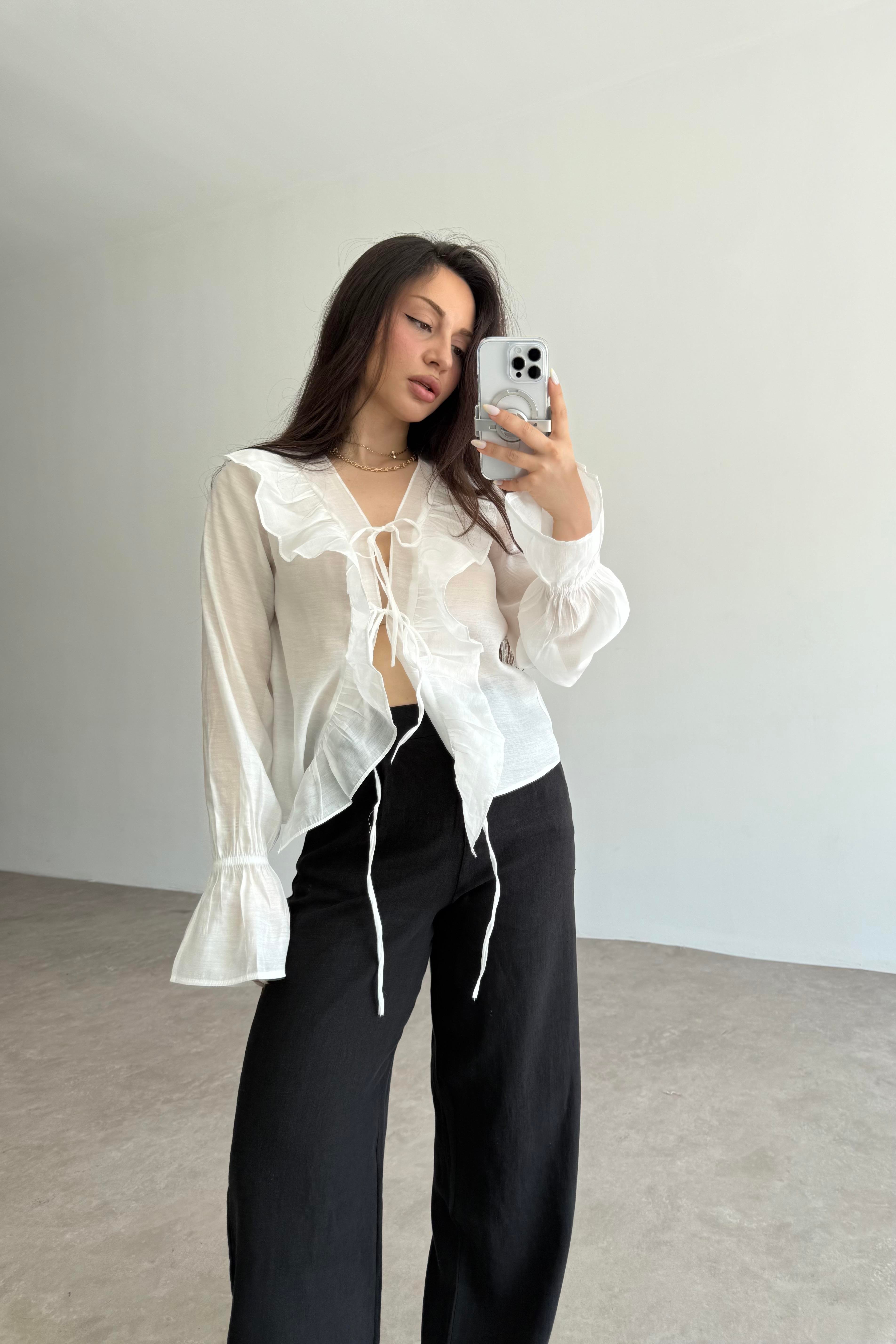 Volanlı Premium Bağlamalı Ekru Gömlek