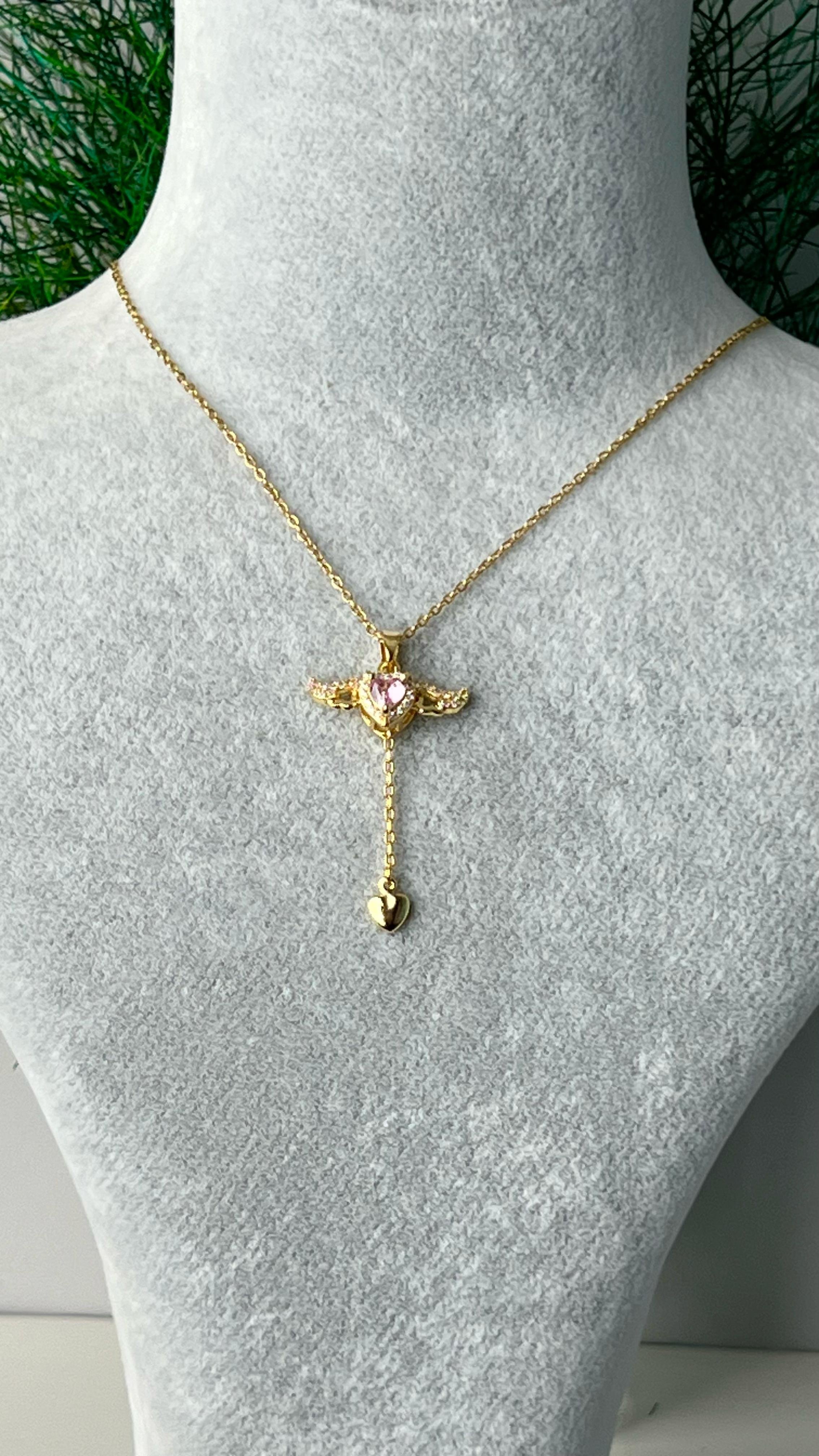 Çelik Pandora Model Pembe Taşlı Melek Kanadı Kolye - 45cm + 10cm