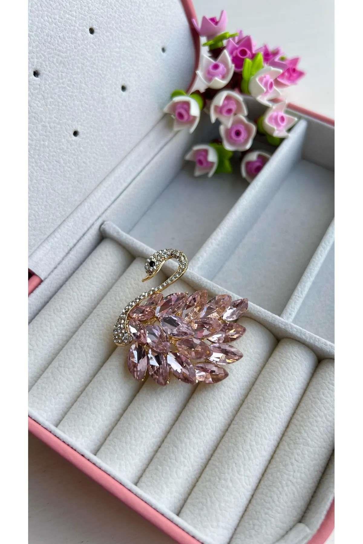 Özel Tasarım pembe kristal taşlı kuğu Broşu