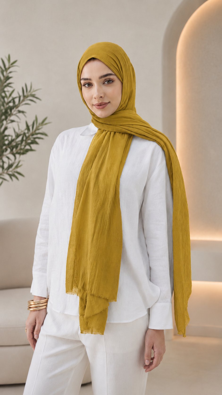 Yağ Yeşili Düz Pamuk Comfort Şal - 019