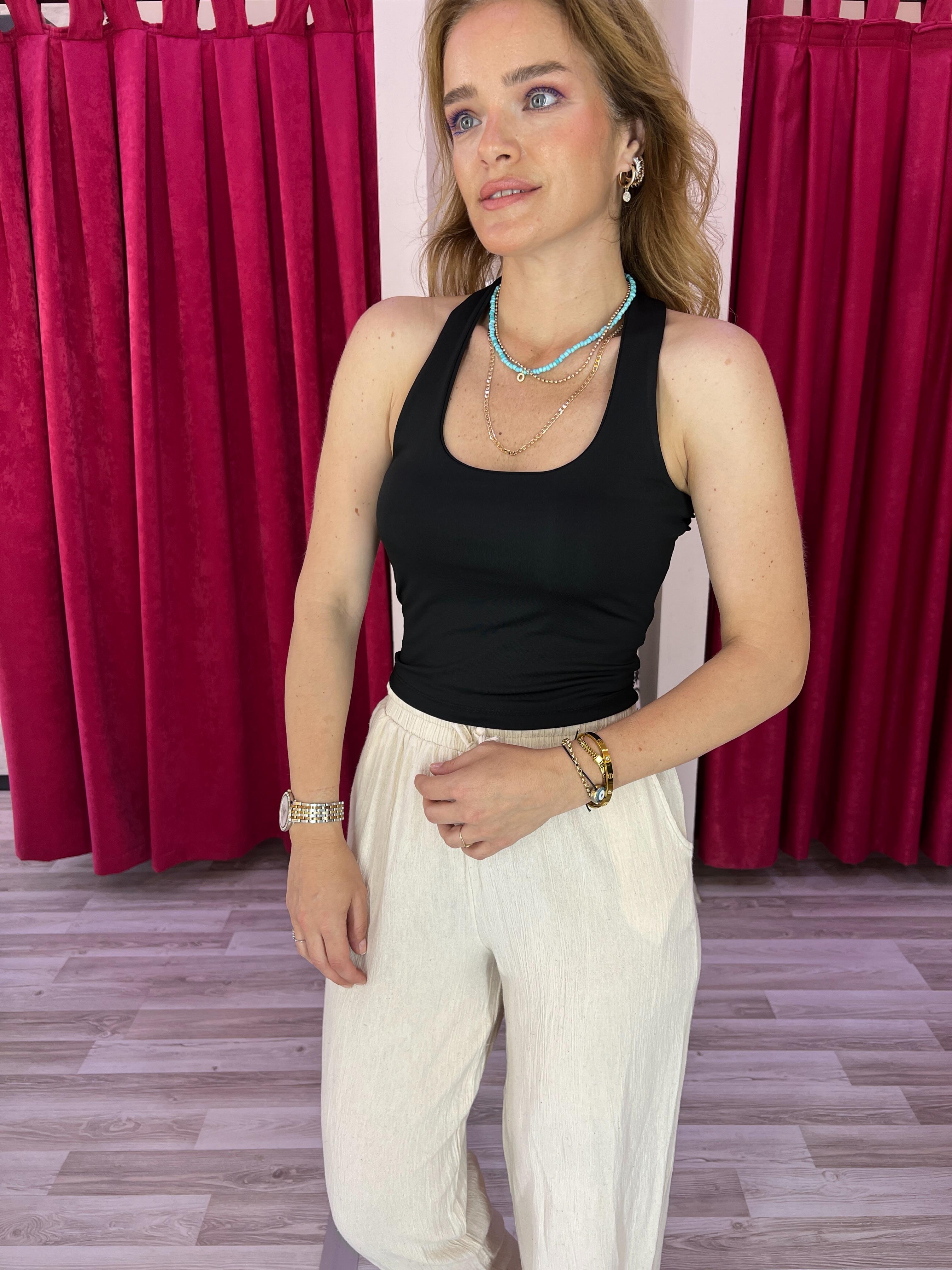 Boyundan Geçmeli Siyah Sandy Bluz