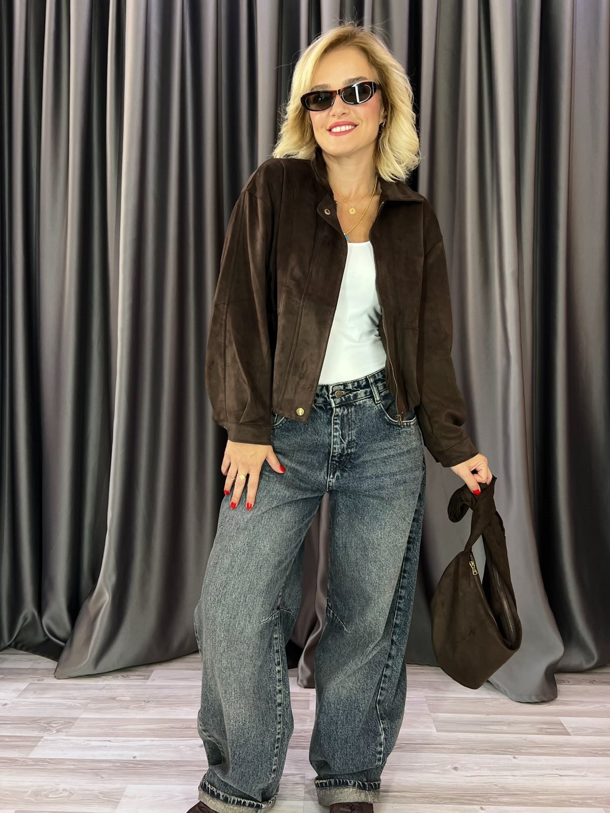 Çanta Hediyeli Süet Görünümlü Acı Kahve Bomber Mont