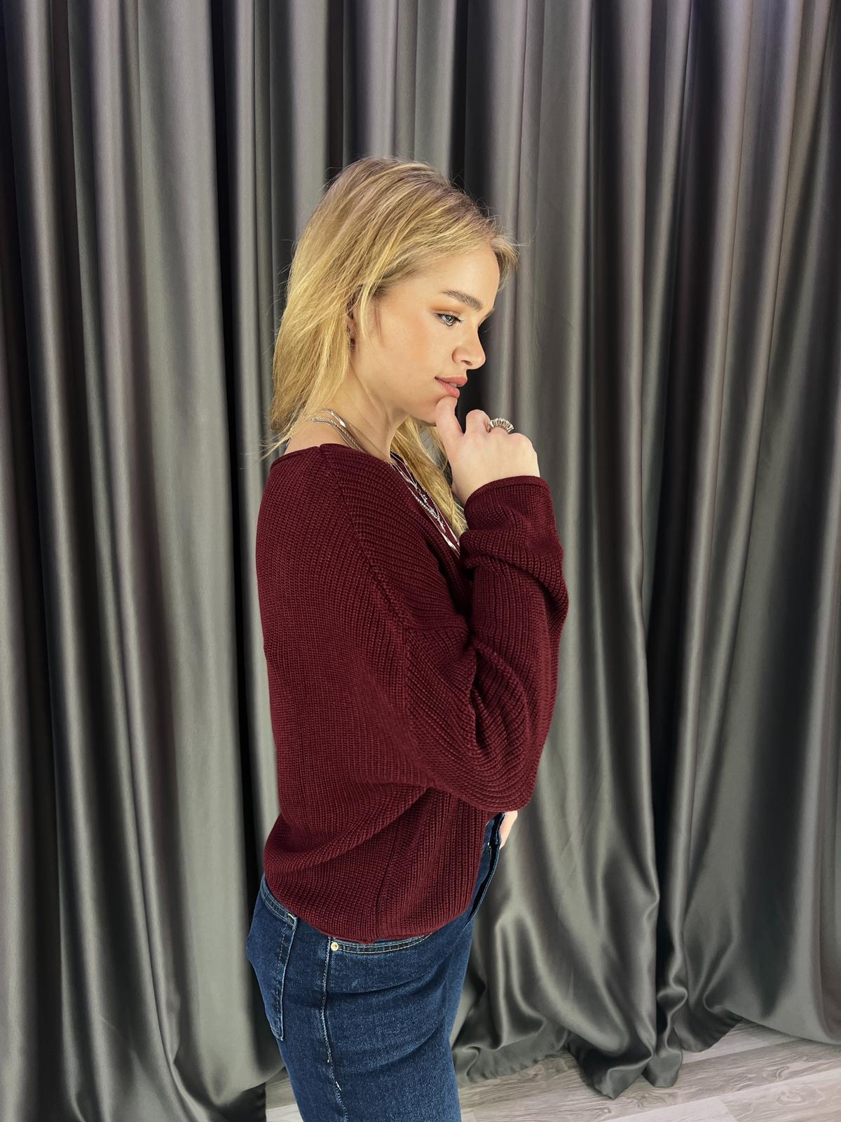 Kayık Yaka Basic Bordo Dilvin Triko  
