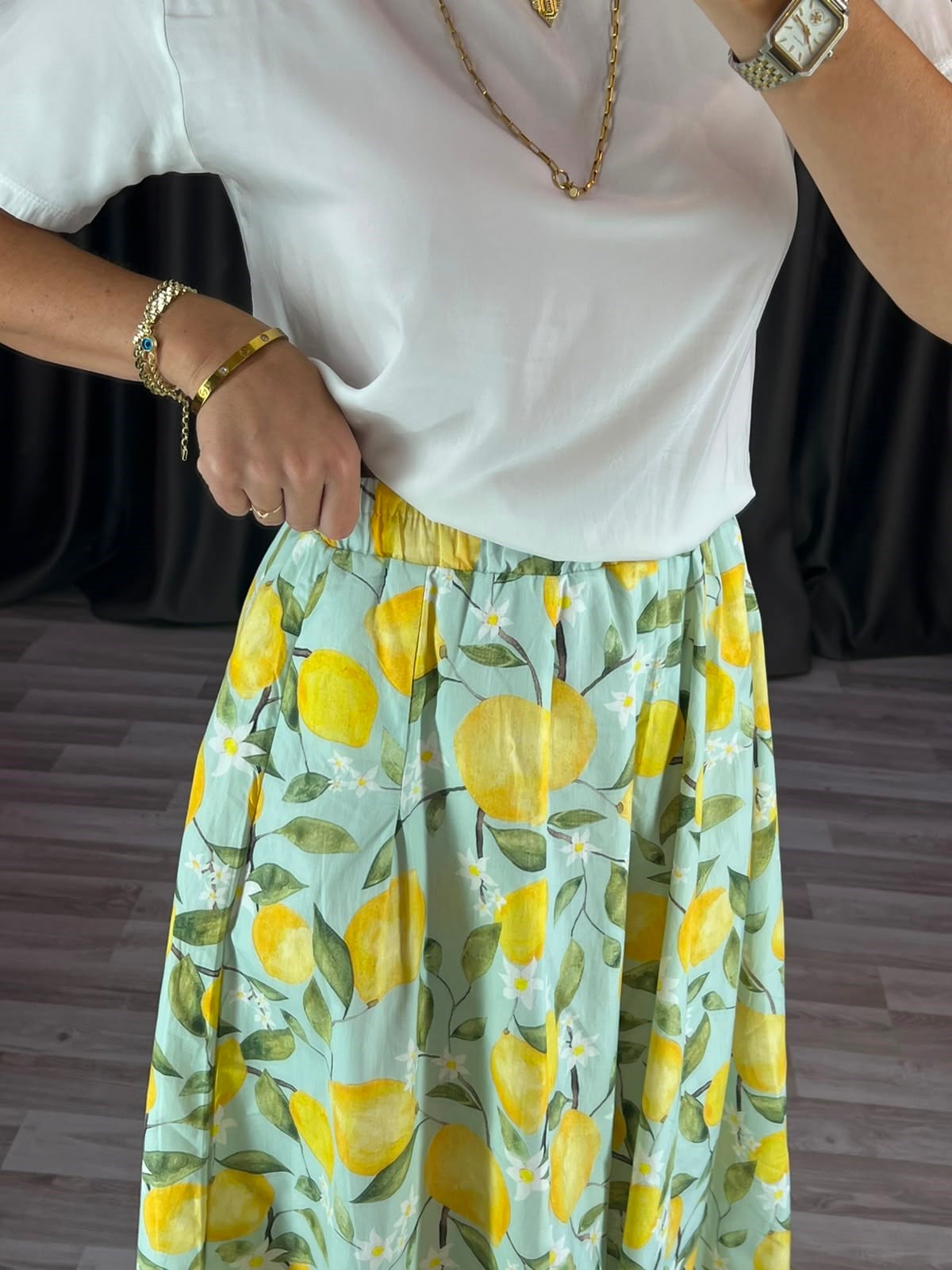 Limon Desenli Poplin Etek