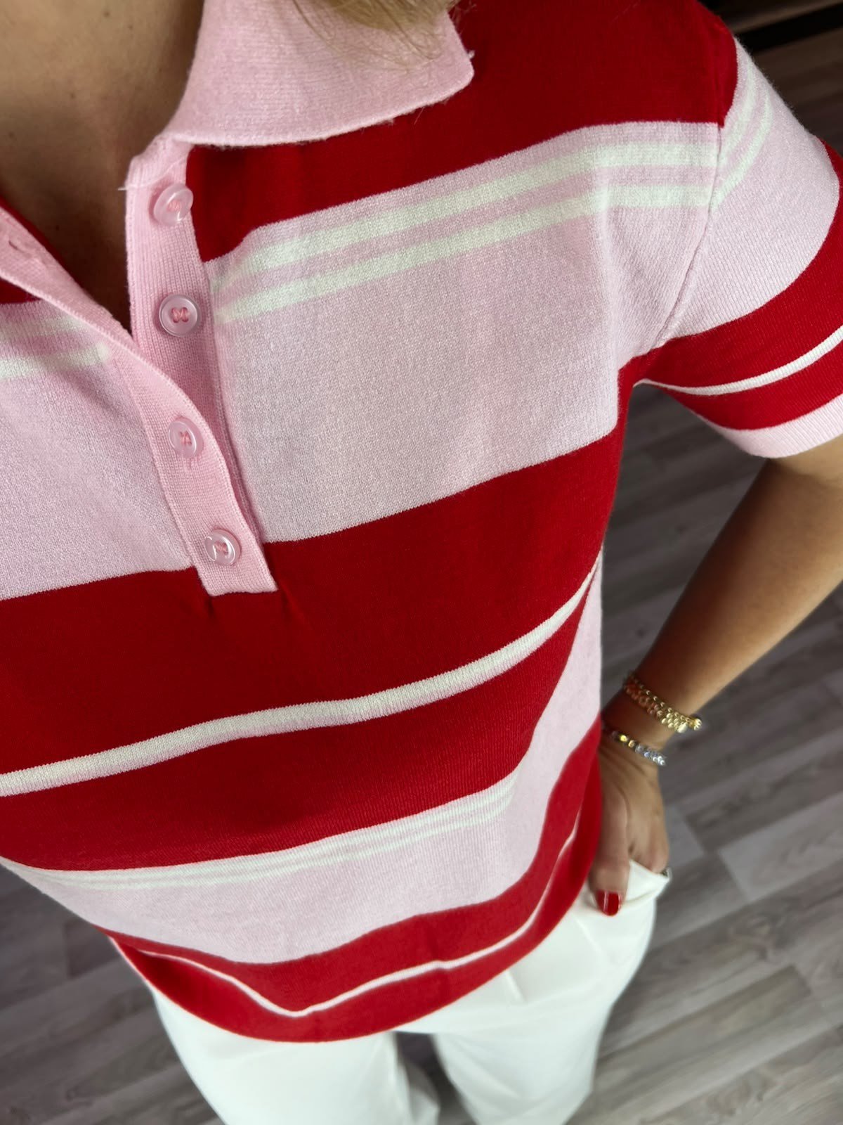 Polo Yaka Kısa Kollu Pembe Kırmızı Bantlı Triko Kazak 