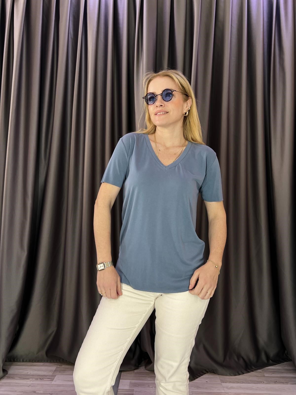 V Yaka Viscon İndigo Tshirt  