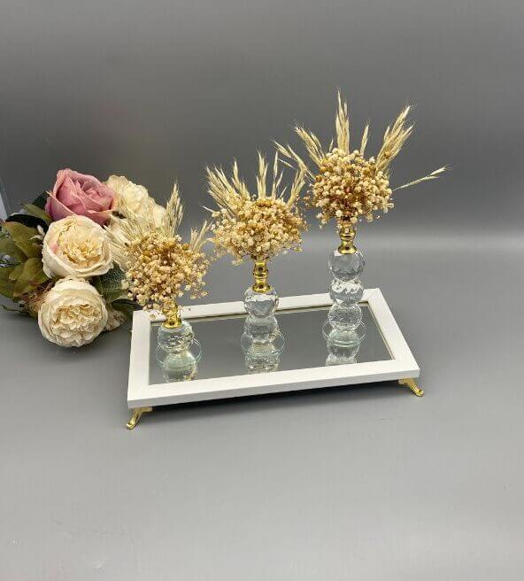 3 Çiçekli Aynalı Tepsi Nişan Sunum Masası Dekoru