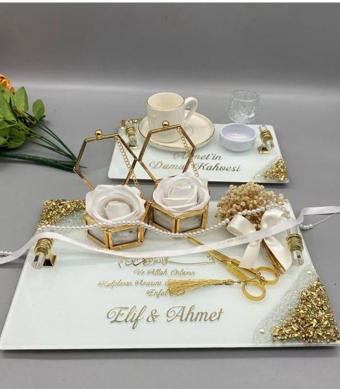 Nişan Tepsisi Damat Kahvesi Kare Gold Beyaz Cam