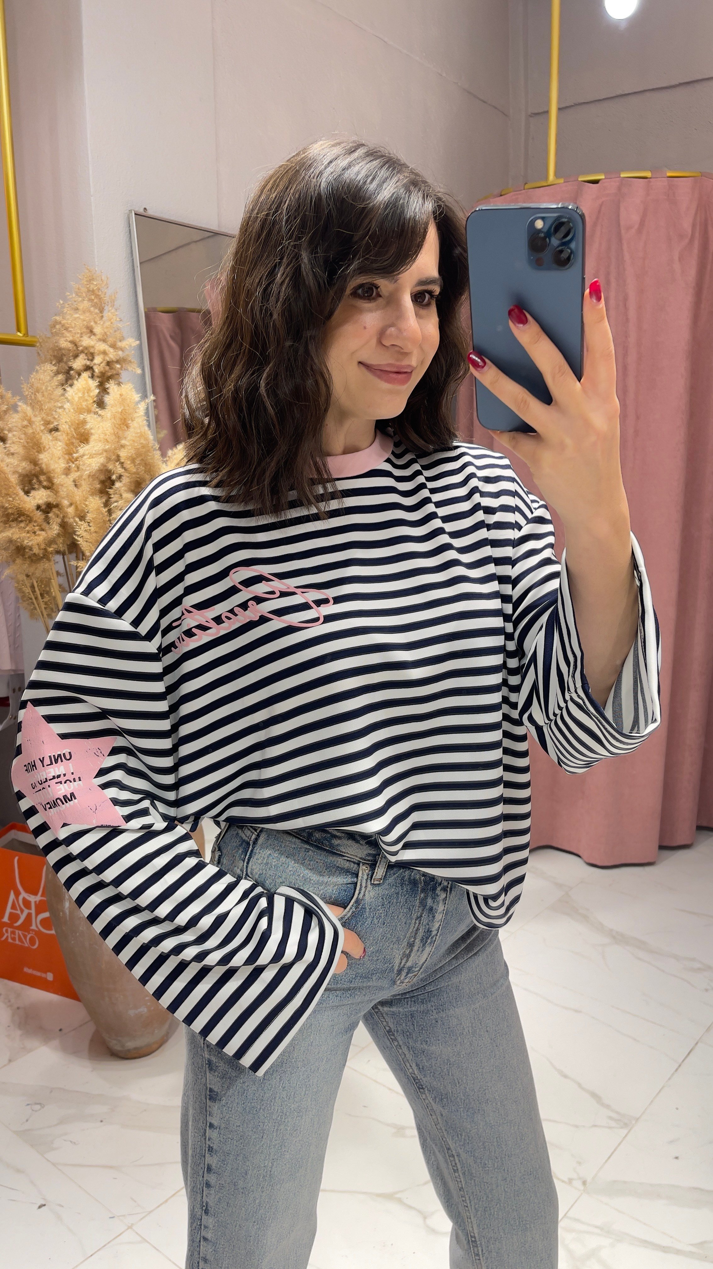 ÇİZGİLİ BASKI DETAY SWEATSHİRT-PEMBE