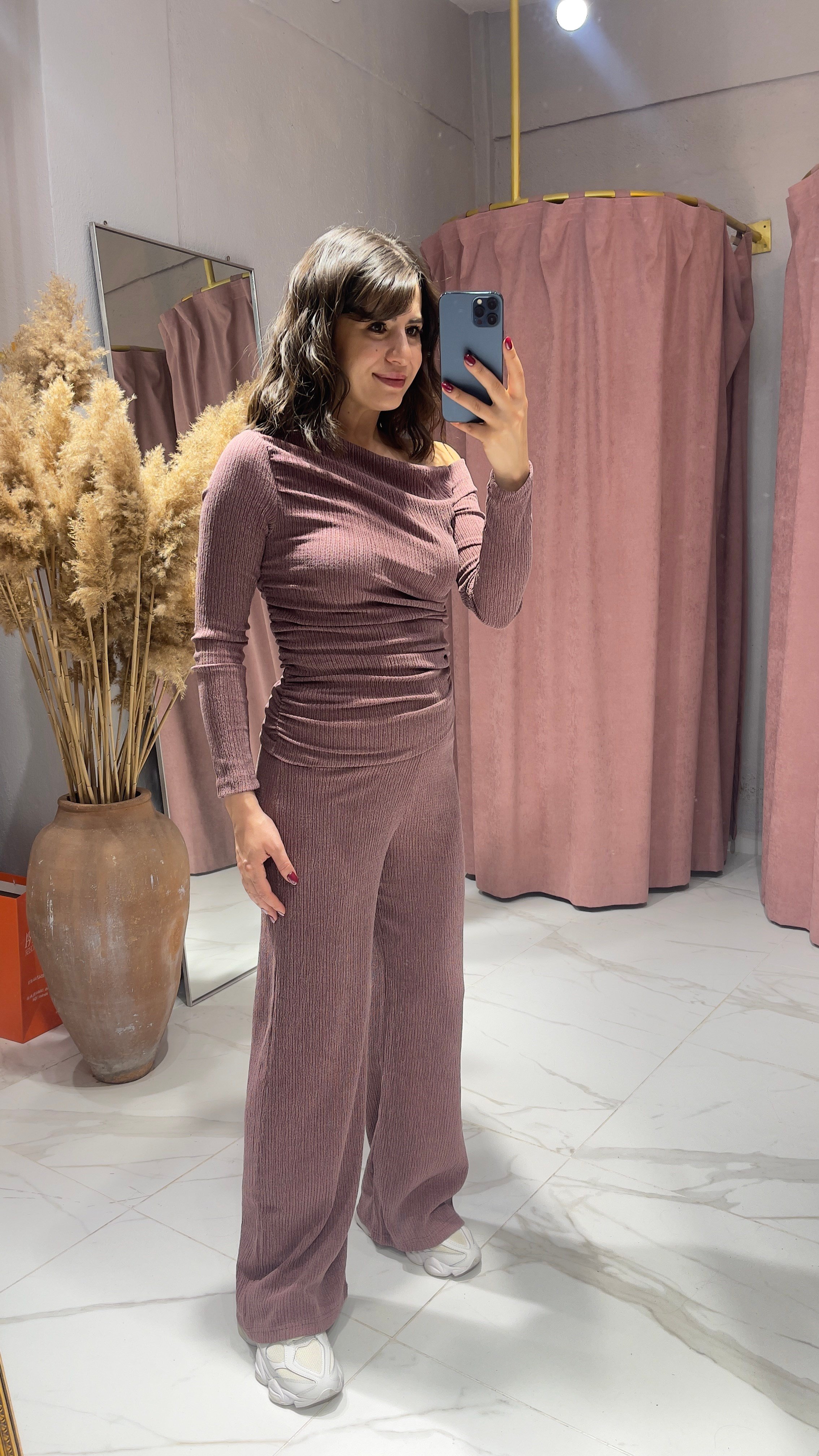 DRAPE DETAY KAYIK YAKA BÜRÜMCÜK TAKIM-BORDO