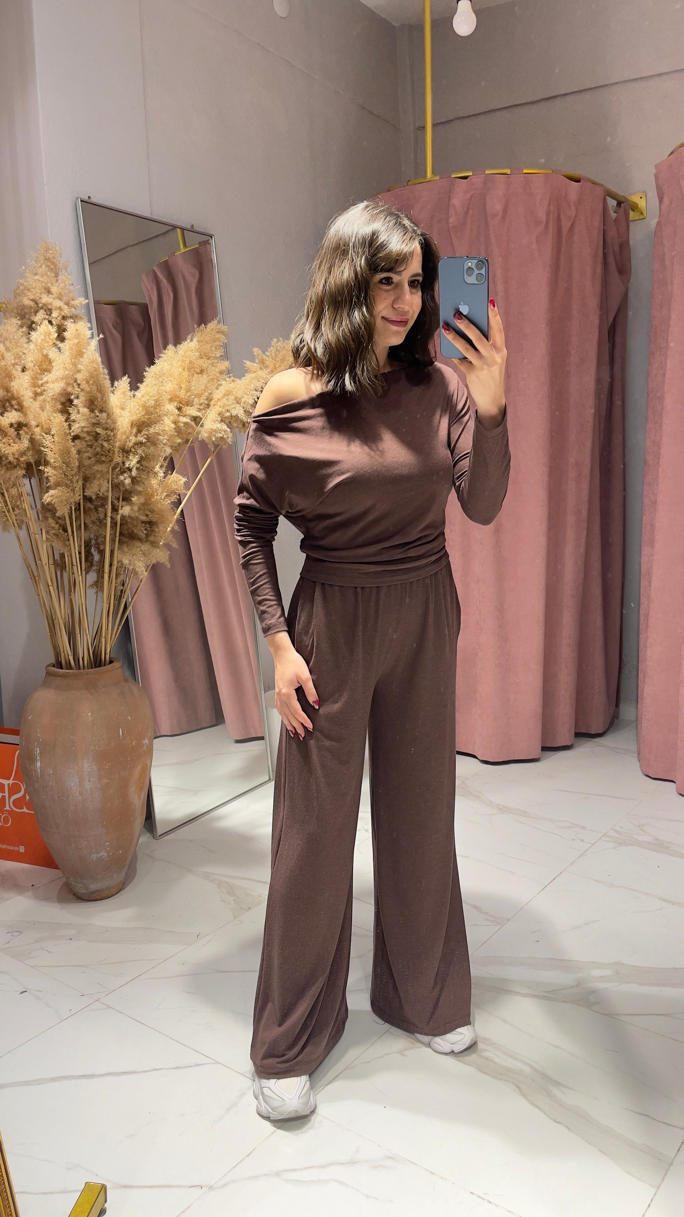 KAYIK YAKA BULUZ PANTOLON TAKIM-KAHVERENGİ