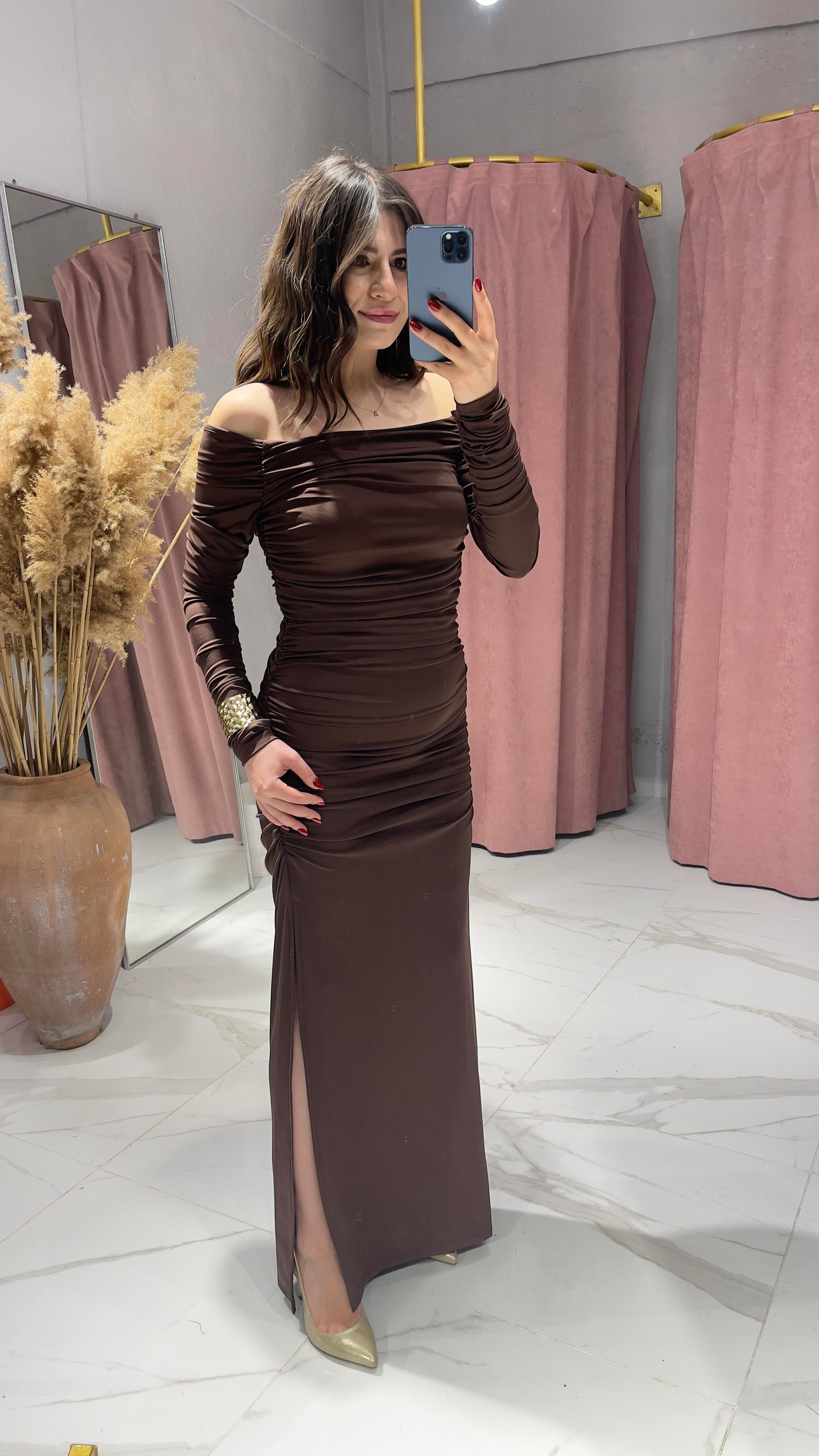 MADONNA MODEL DRAPELİ ELBİSE-KAHVE