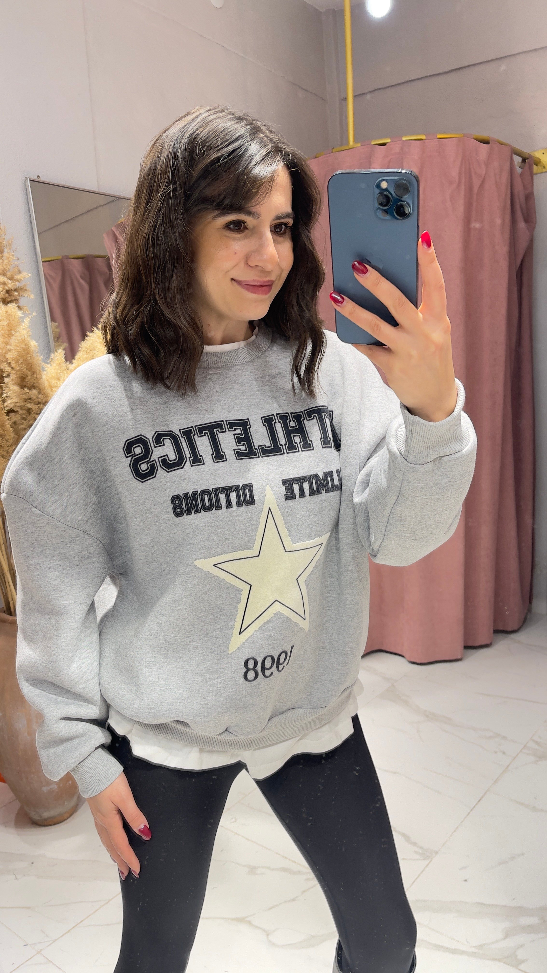 Yıldız Baskı Detaylı Sweatshirt-GRİ
