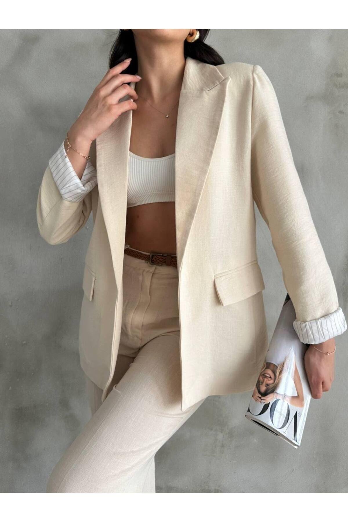  Bej Keten Blazer Ceket
