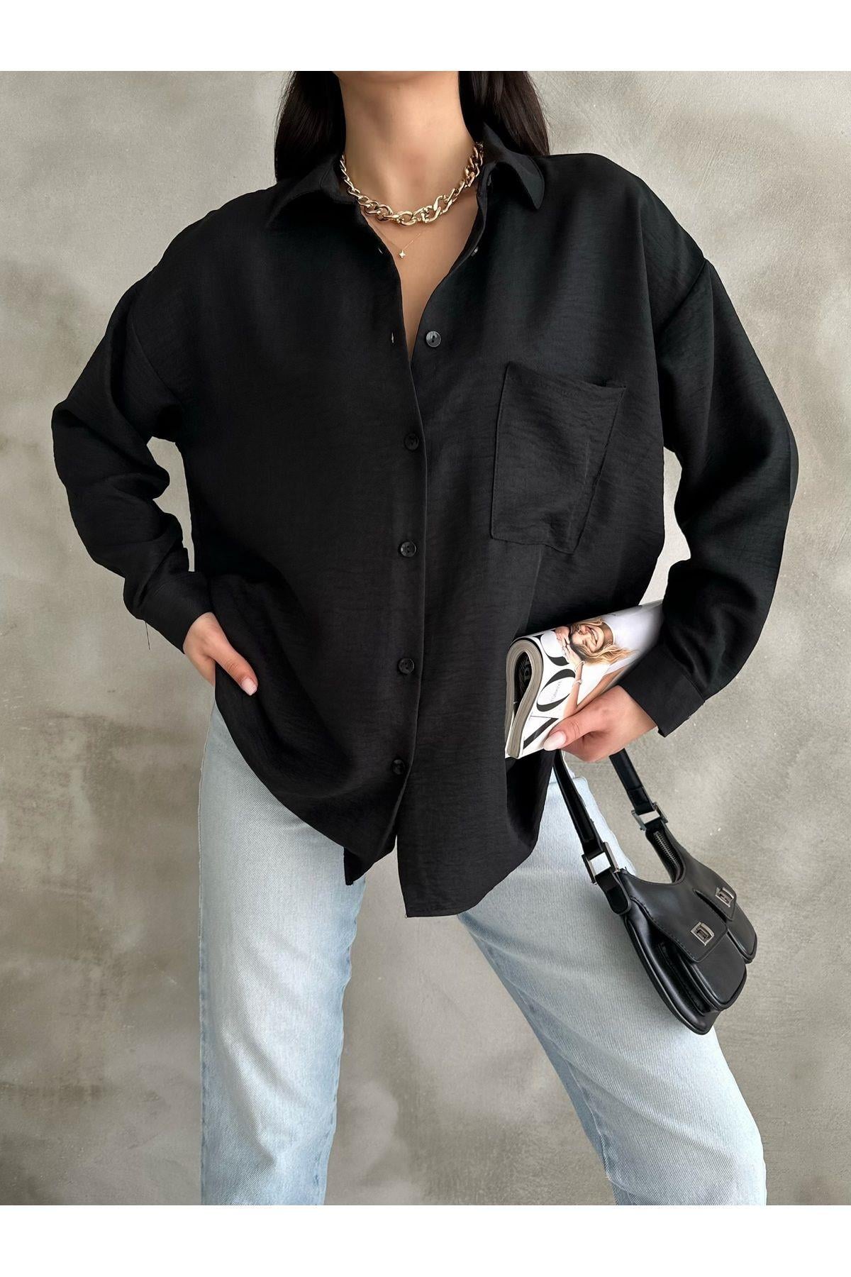  Cep Detaylı Basic Siyah Oversize Keten Gömlek