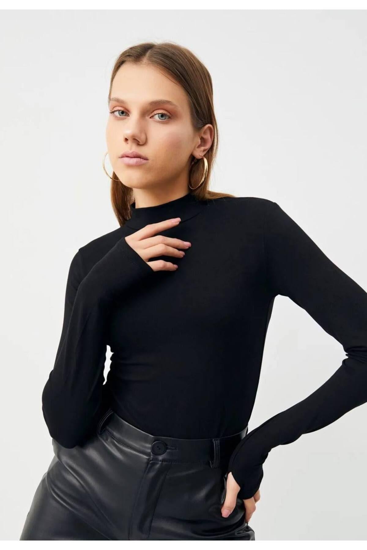  Parmak Detaylı Uzun Kol Siyah Basic Body