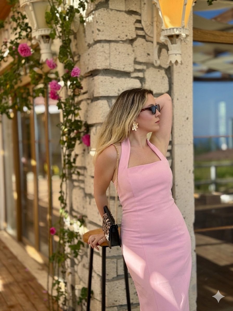 Halter Yaka Yırtmaçlı Midi Elbise Pembe Halter Yaka Yırtmaçlı Midi Elbise Pembe