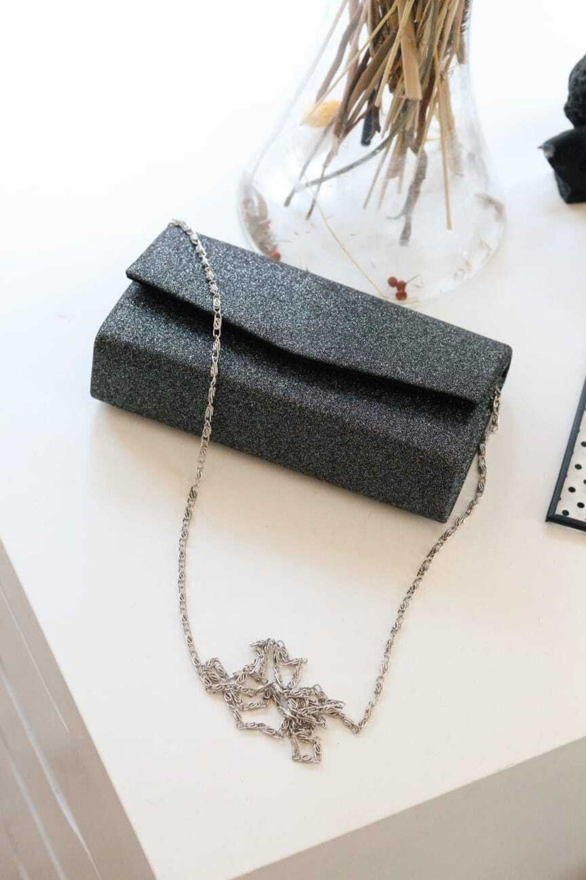 Simli Antrasit Clutch El Çantası
