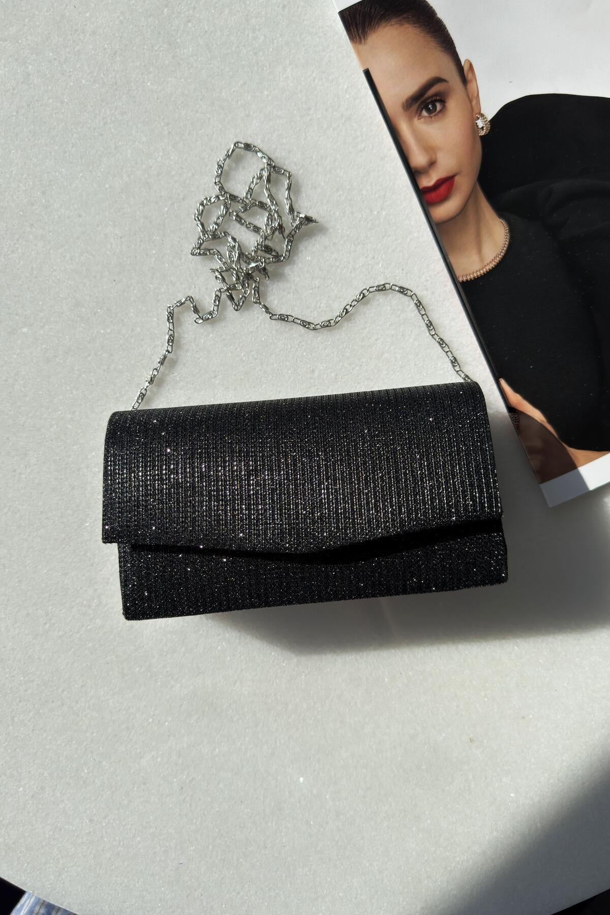 Simli Siyah Clutch El Çantası