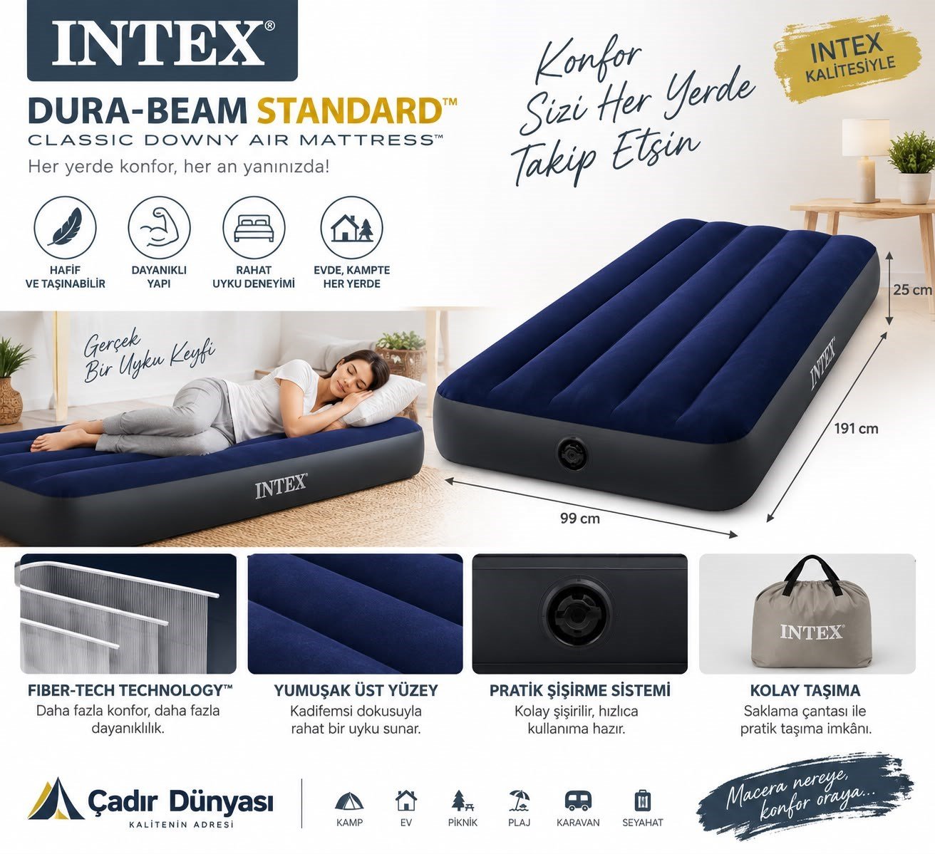 ÇADIR DÜNYASI INTEX TEK KİŞİLİK ŞİŞME YATAK