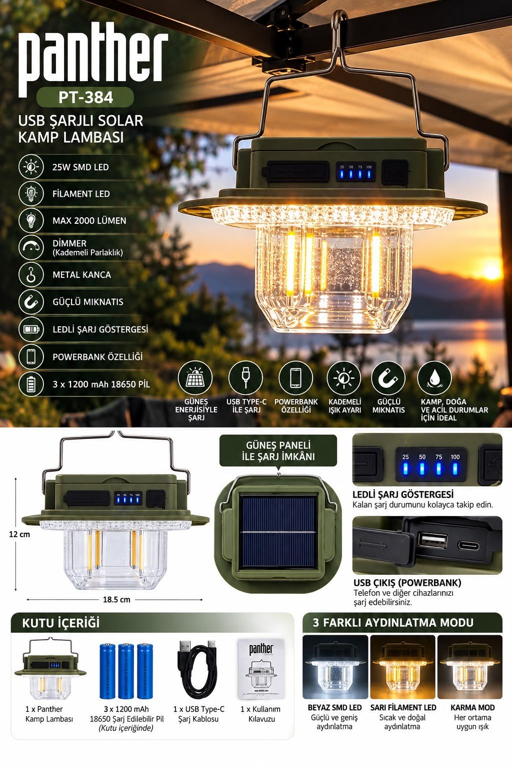 ÇADIR DÜNYASI  PANTHER PT-384 USB ŞARJLI SOLAR KAMP LAMBASI