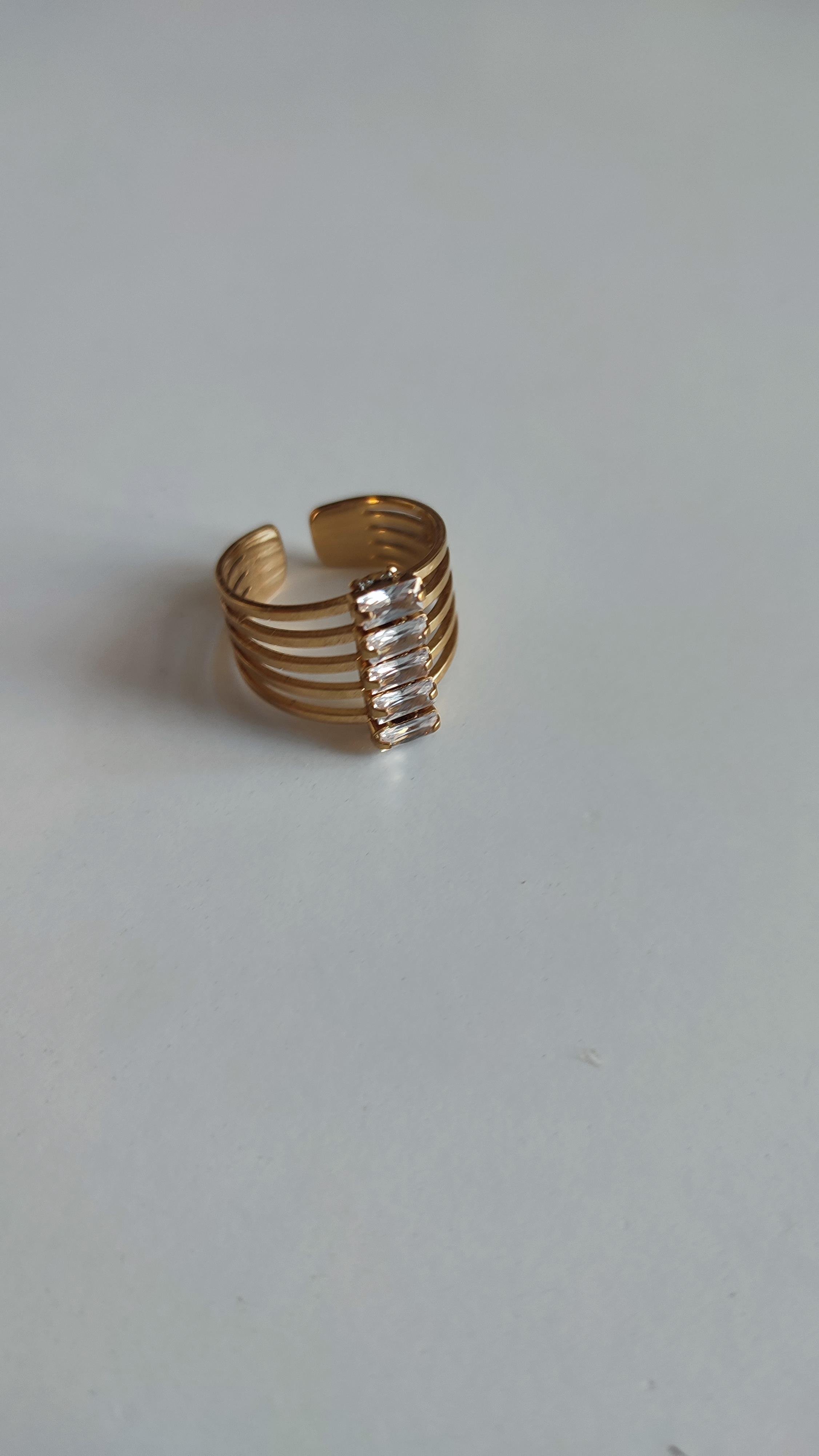 Çelik Üzeri Beş Taşlı Yüzük (Gold)