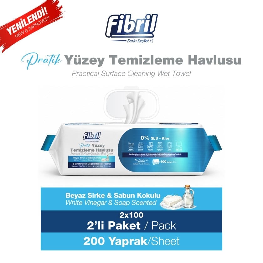 Premium Pratik Yüzey Temizleme Havlusu Beyaz Sirke Sabun Kokulu 2 X 100 (TOPLAM 200 YAPRAK)