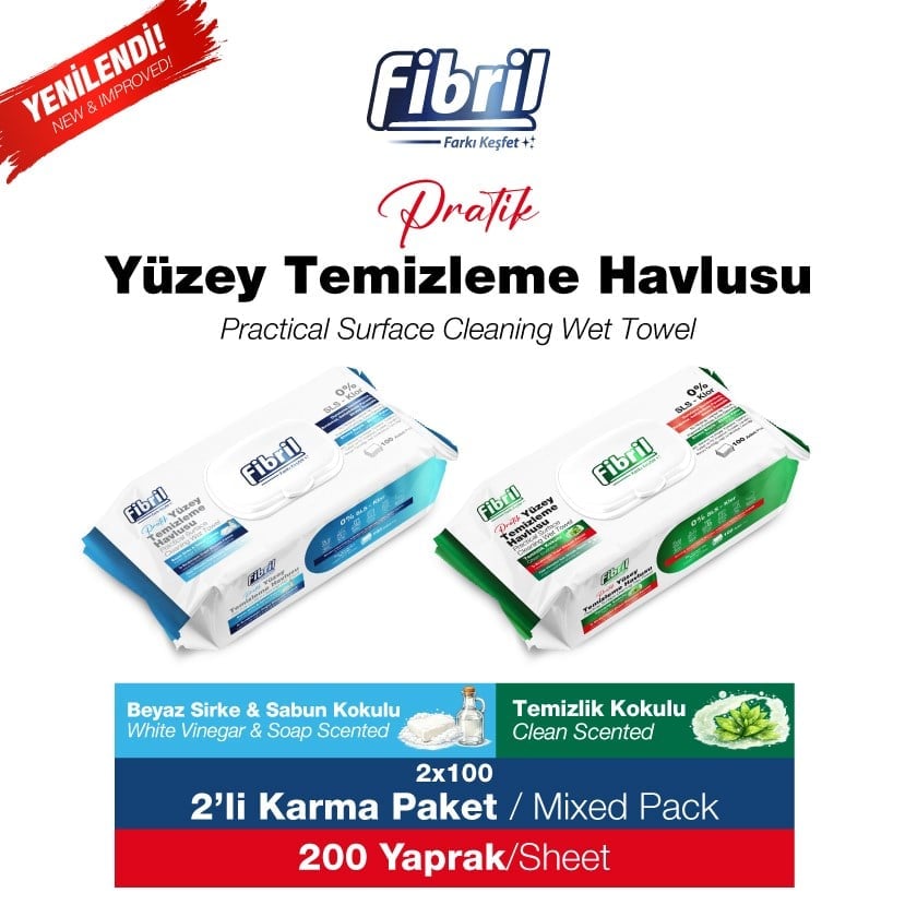 Premium Pratik Yüzey Temizleme Havlusu Temizlik & Beyaz Sirke Sabun Kokulu 2 x 100  (TOPLAM 200 YAPRAK)