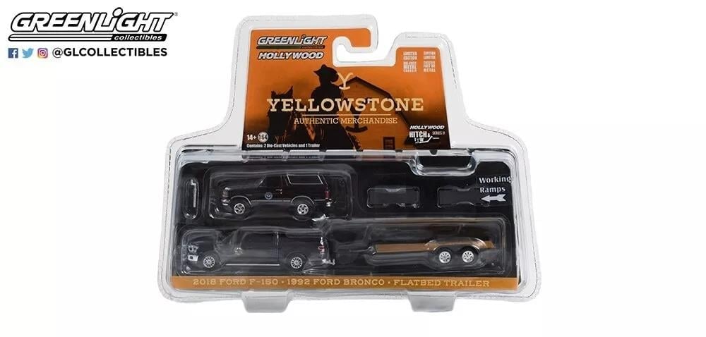 Greenlight: 2018 Ford F-150 Truck & 1992 Ford Bronco on Flatbed Trailer Montana Livestock Association Hitch & Tow Series