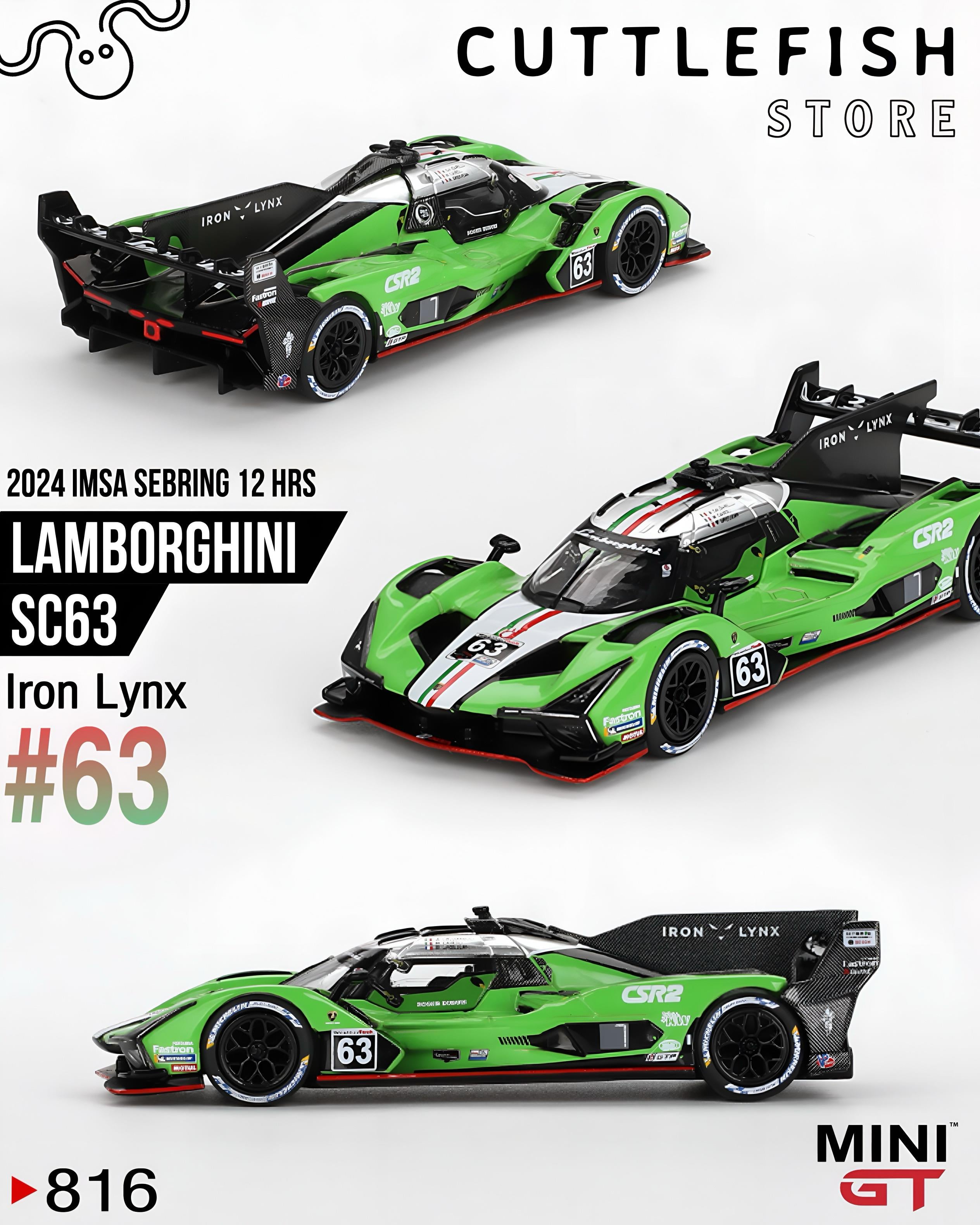 Mini GT 1/64 Lamborghini SC63 #63 Iron lynx 2024 IMSA Sebring 12 Hrs MGT00816