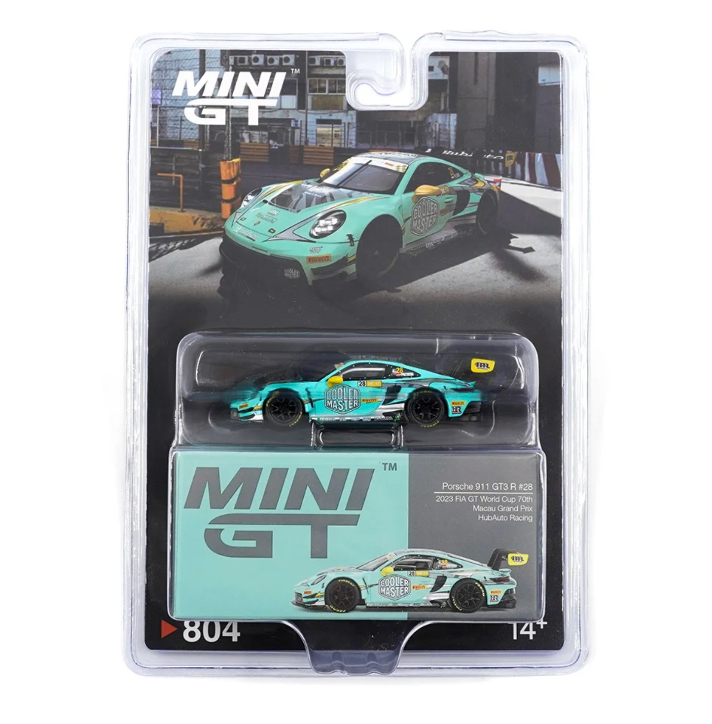 Mini GT 1/64 Porsche 911 GT3 R HubAuto Racing 2023 FIA GT World Cup 70th Macau Grand Prix - Blister Paket MGT00804-BL